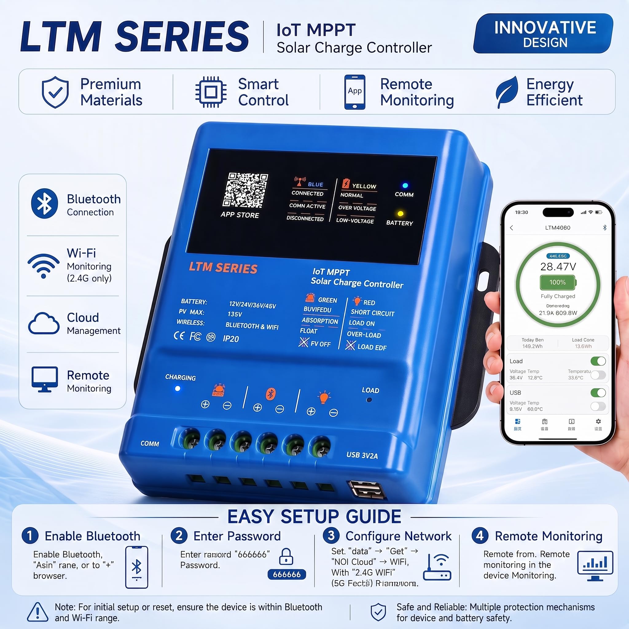 MPPT solarny regulator ładowania 30 A, 12 V, 24 V, 36 V, 48 V, 120 V, PV z aplikacją WiFi Bluetooth – inteligentny kontroler ładowania solarnego do przyczep kempingowych LiFePO4 AGM Off-Grid