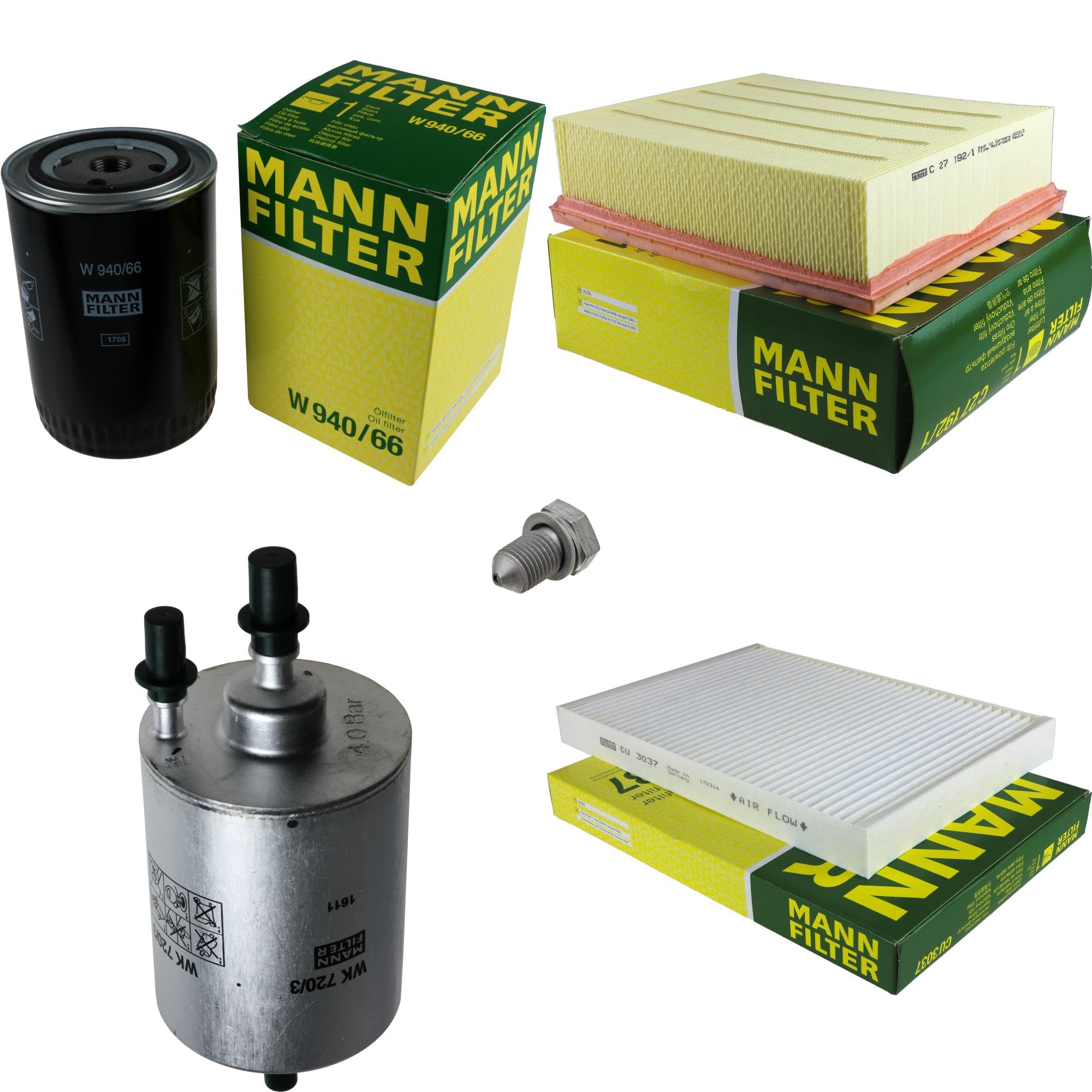 Paquete de inspección Kit de mantenimiento de filtros con filtro de aceite W 940/66, filtro de aire C 27 192/1, filtro de combustible WK 720/3, filtro de habitáculo CU 3037, tornillo de