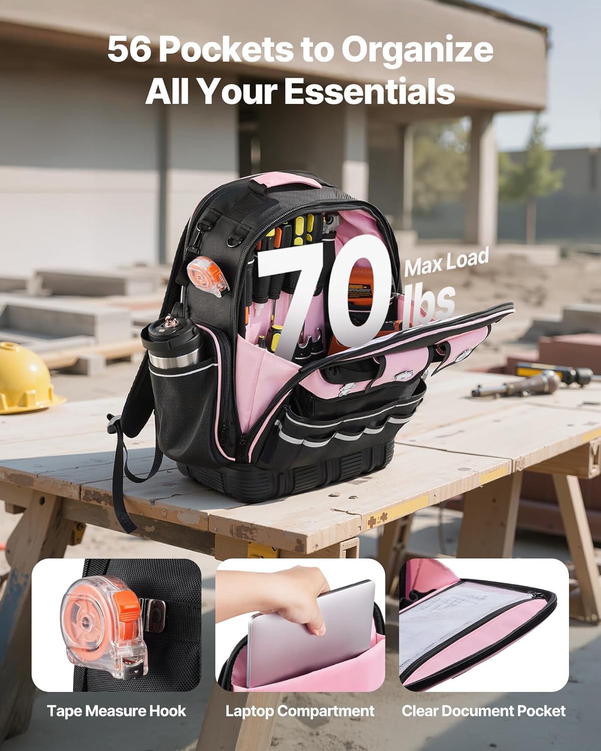 VEVOR Tool Backpack, 56 Pockets, Heavy-duty Tools Storage Organizer Work Bags Backpack with Laptop Compartment & Molded Base, Electrician Jobsite Backpack for Electrician, Repairman, and HVAC Techs