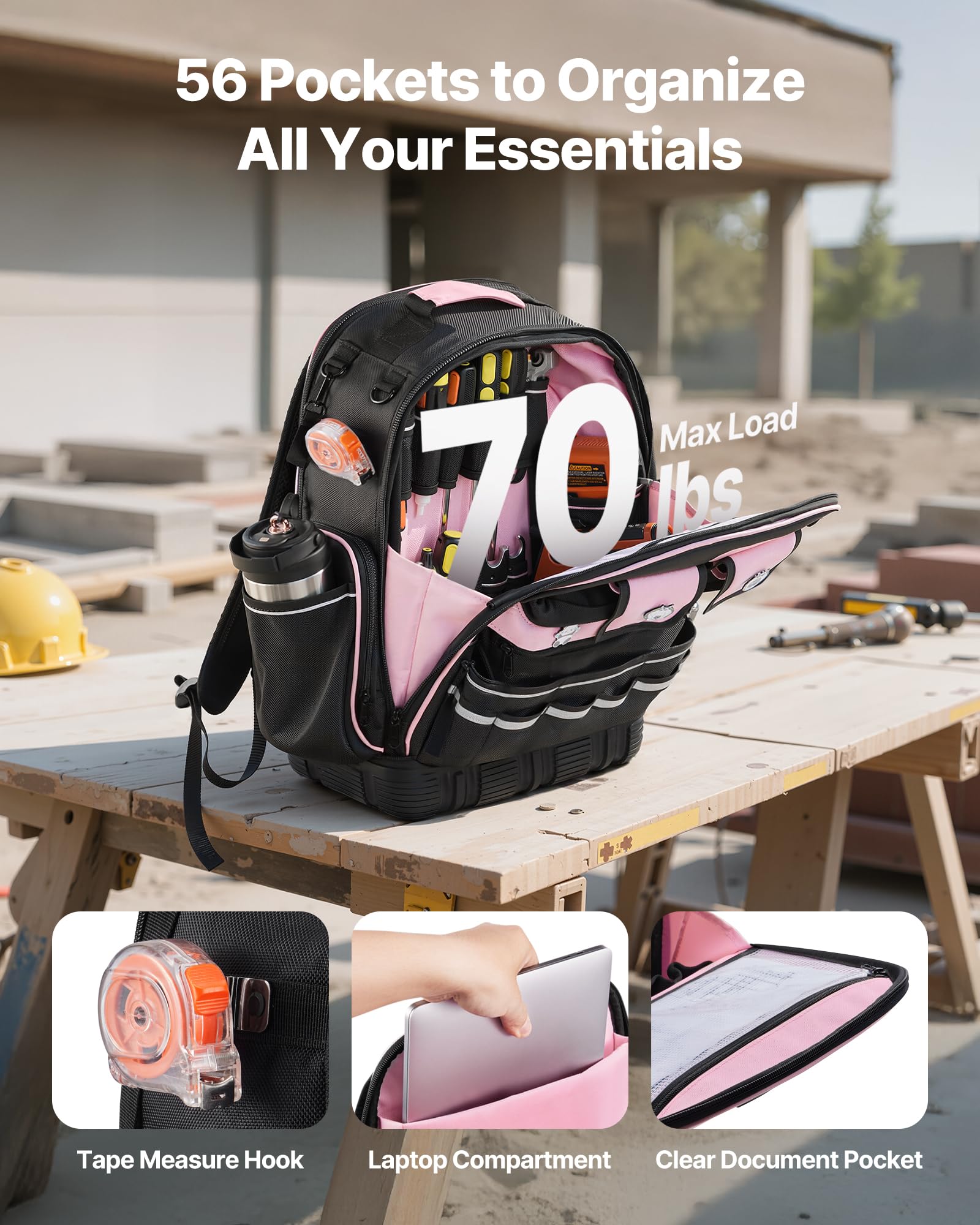 VEVOR Mochila para Herramientas, Mochila de Trabajo 330 x 200 x 490 mm con 56 Bolsillos, Compartimento para Portátil y Base Moldeada, Organizador de Herramientas para Electricistas, Reparadores