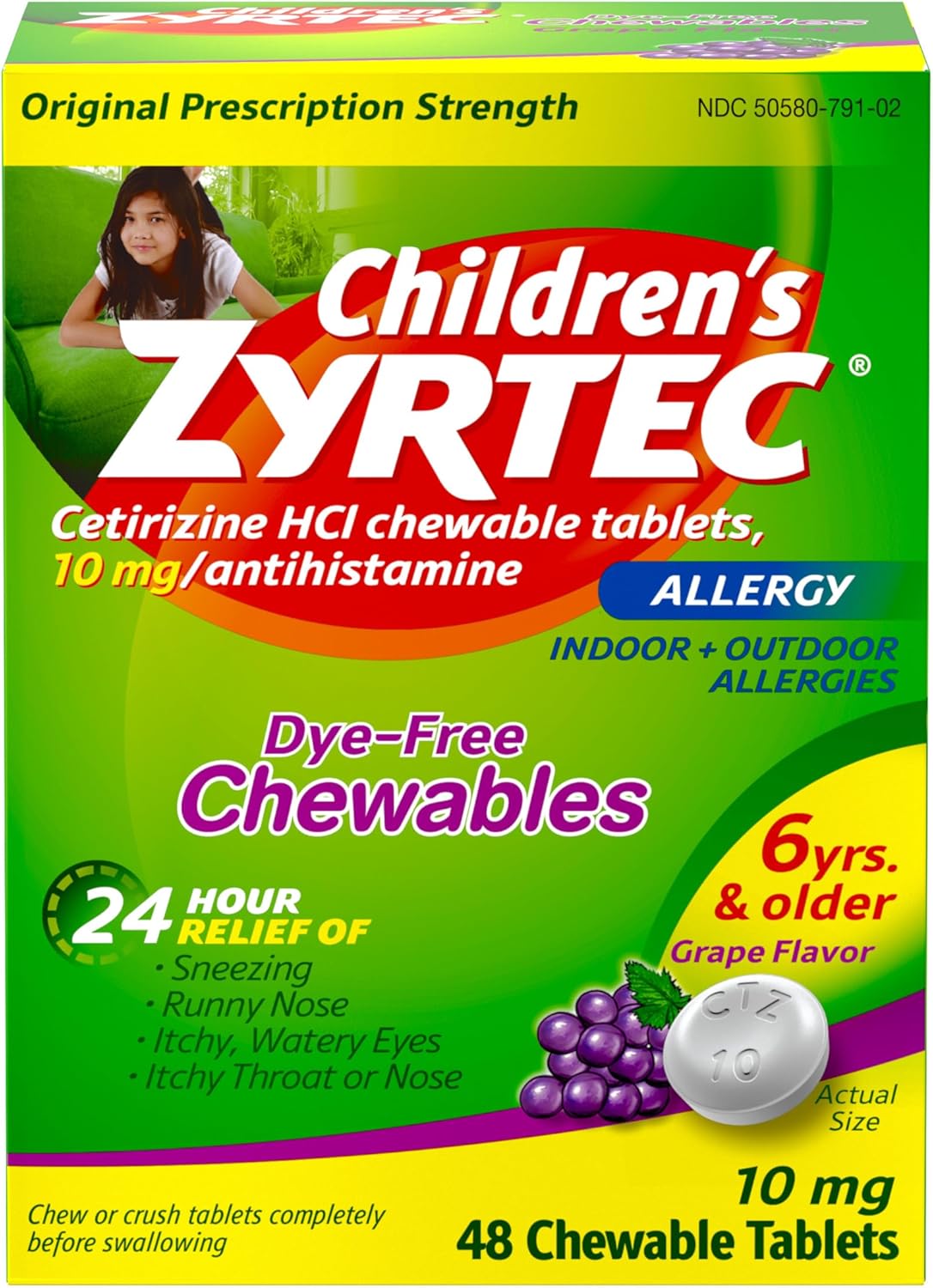 Zyrtec Children's Dye-Free Chewables for 24 Hour Allergy Relief, 10 mg Cetirizine HCl Antihistamine Tablets, Kids Allergy Medicine Relieves Sneezing & Itchy Nose & Throat, Grape, 48 ct 10mg 48 Count