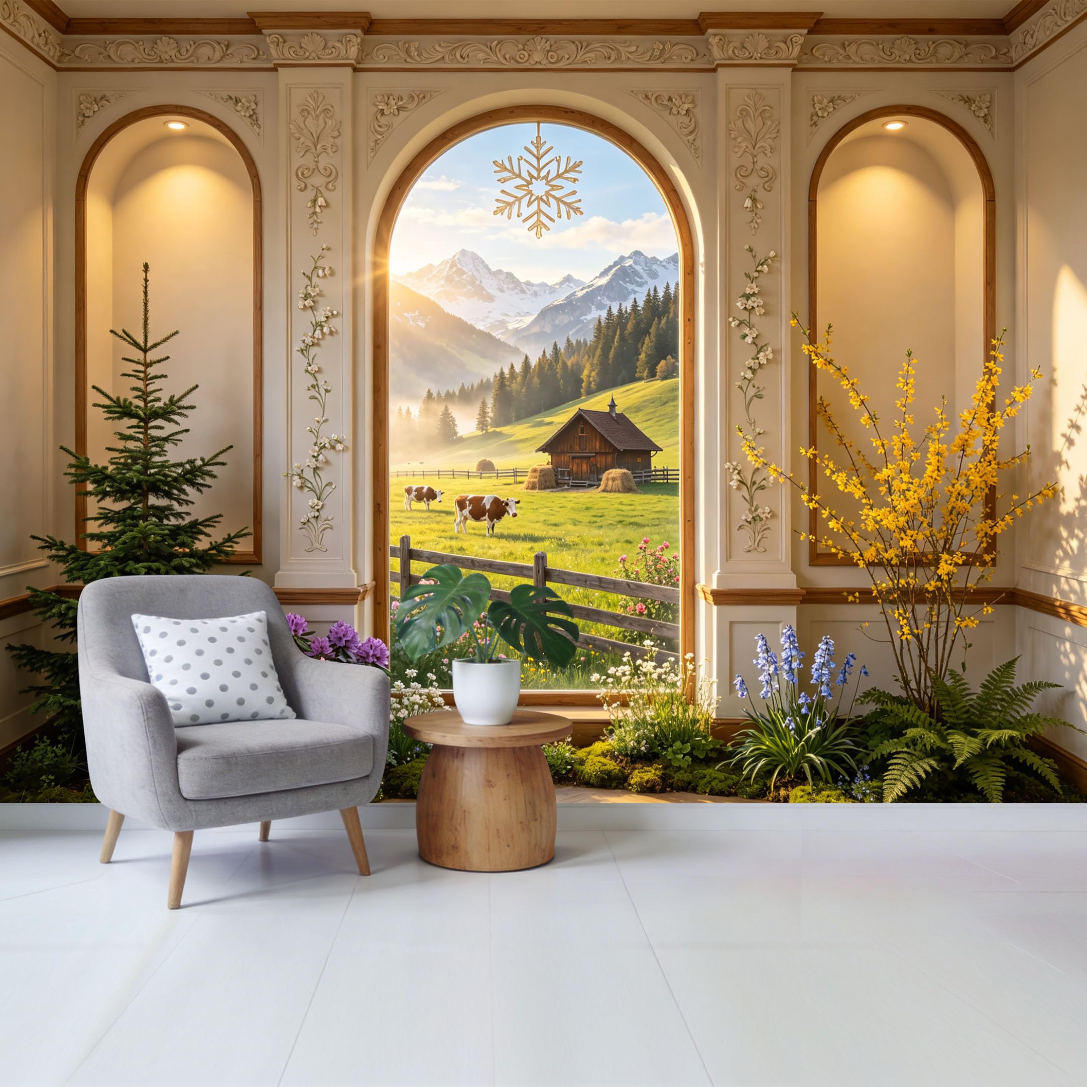 Removable Self Adhesive Fabric Mural， Alpine Meadow Landscape Farmhouse Custom Size Wall Covering， UV Protected Waterproof Washable Wall Decor for Living Room Bedroom Bathroom