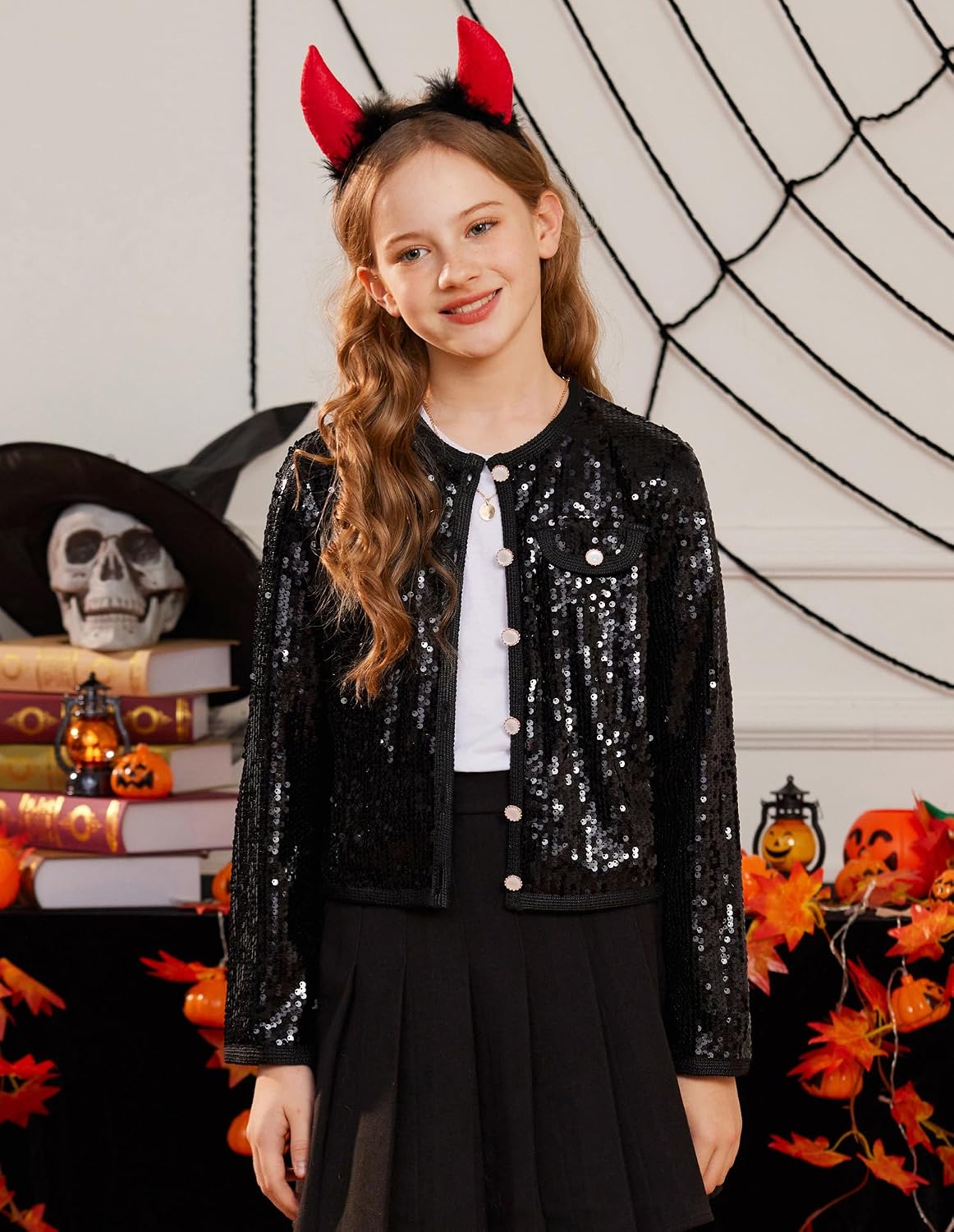 GRACE KARIN Girls Sequin Jackets Sparkle Dress Coats Button Cropped Cardigan for Kids 5-14