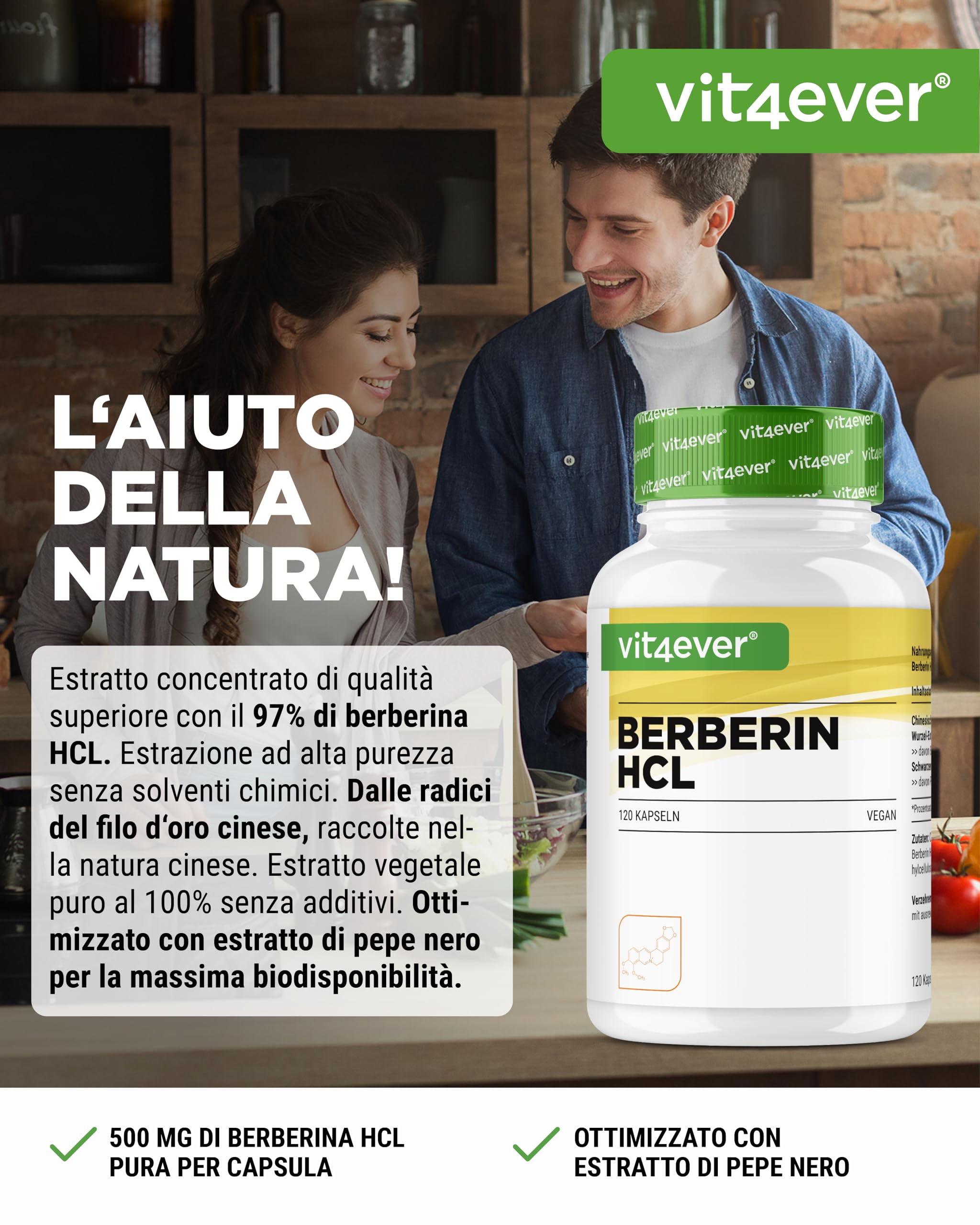 Estratto di berberina HCL - 120 capsule da 500 mg - Berberina naturale + estratto di pepe nero - Testato in laboratorio (purezza e contenuto di principi attivi) - Dose elevata - Vegan