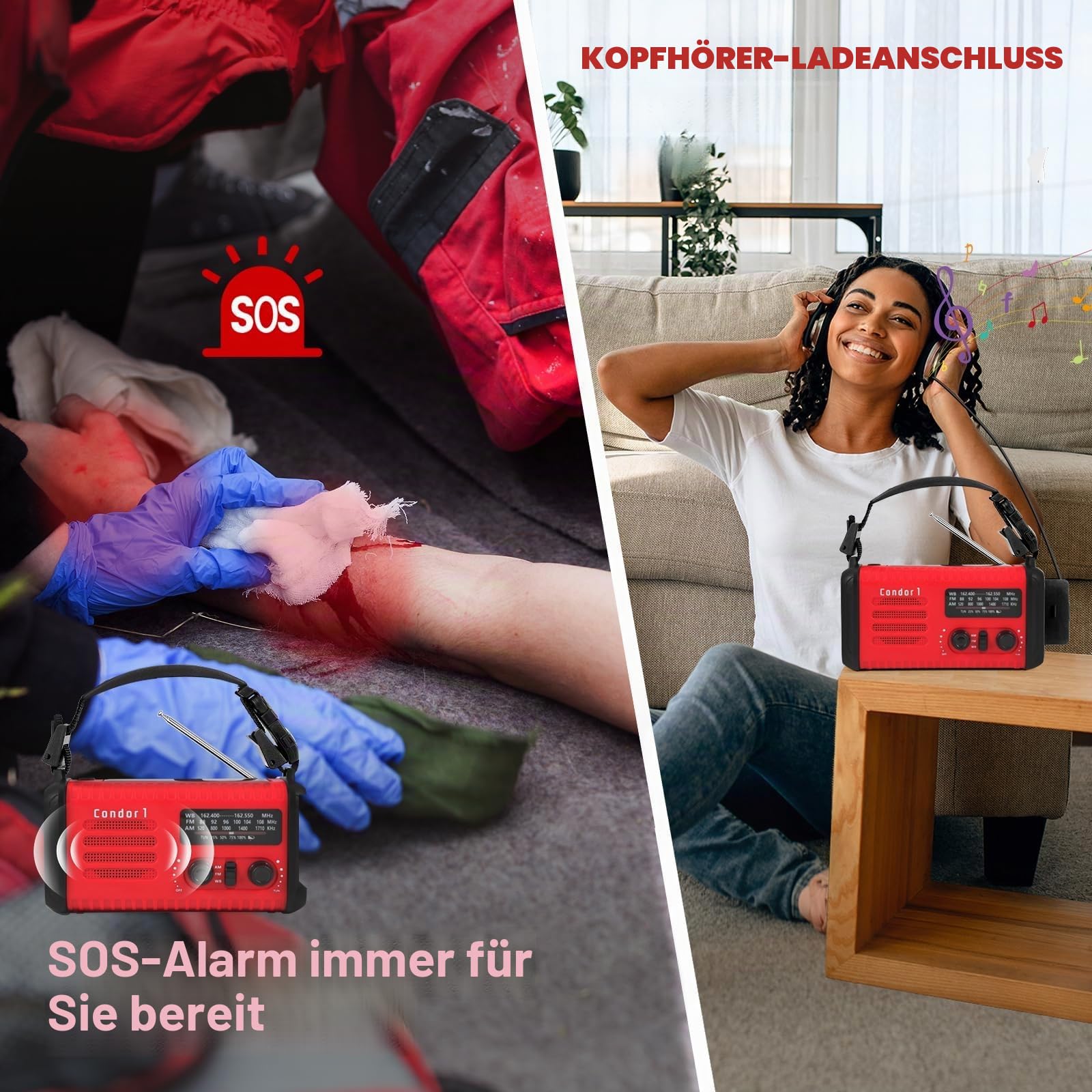 20000mAh Notfallradio, Solar-Handkurbel AM/FM Wetterradio, Handy-Ladegerät | 74000mWh Selbstladend per Kurbel & Solar: LED-Leuchte, Leselampe, Notblinker, USB-Buchse, Kopfhörer, SOS. Für Outdoor.