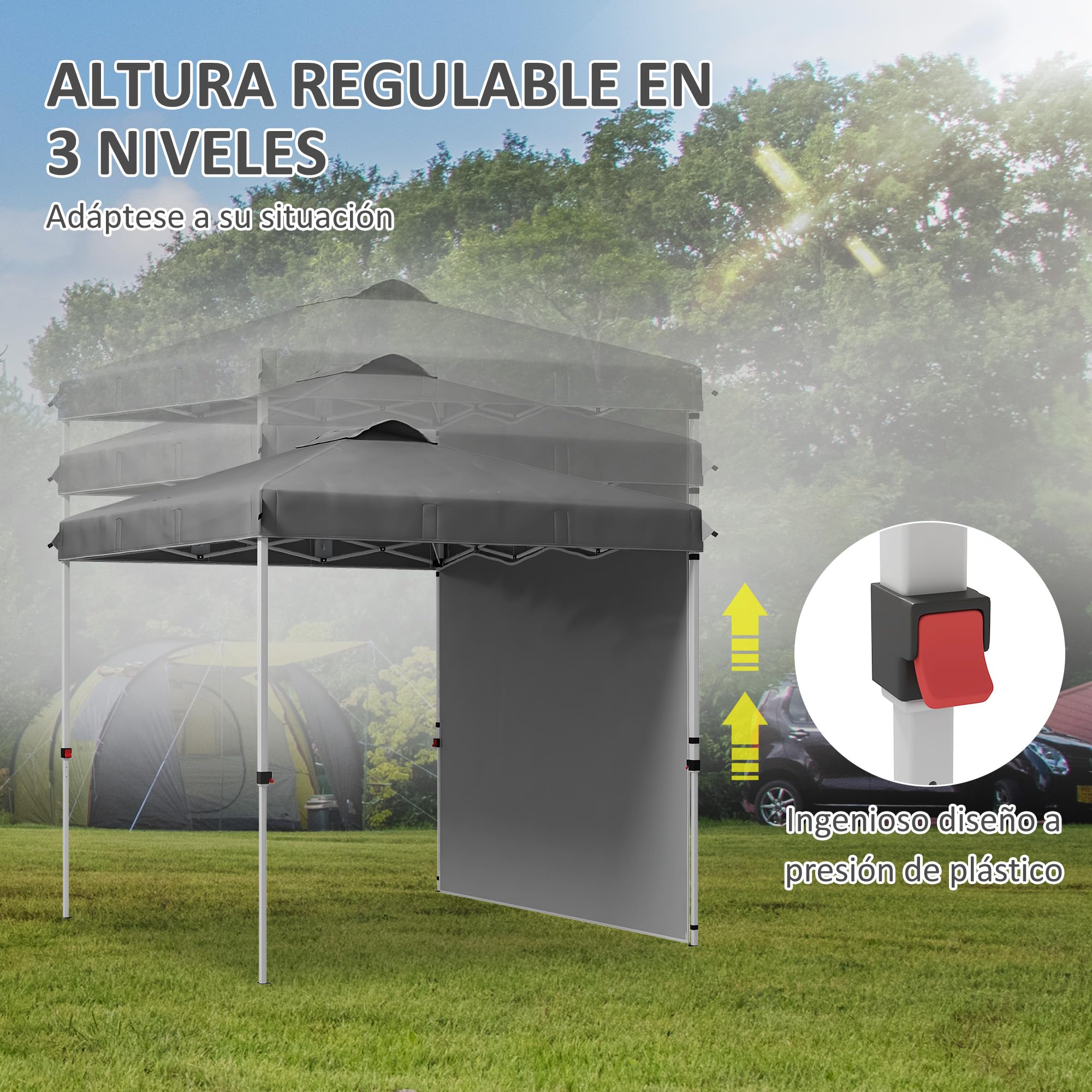 Outsunny Tenda pieghevole 2,5x2,5 m Gazebo da giardino con 1 parete laterale regolabile in altezza in 3 livelli Anti-UV impermeabile e sacchetto di sabbia Gazebo per campeggio all'aperto feste Grigio