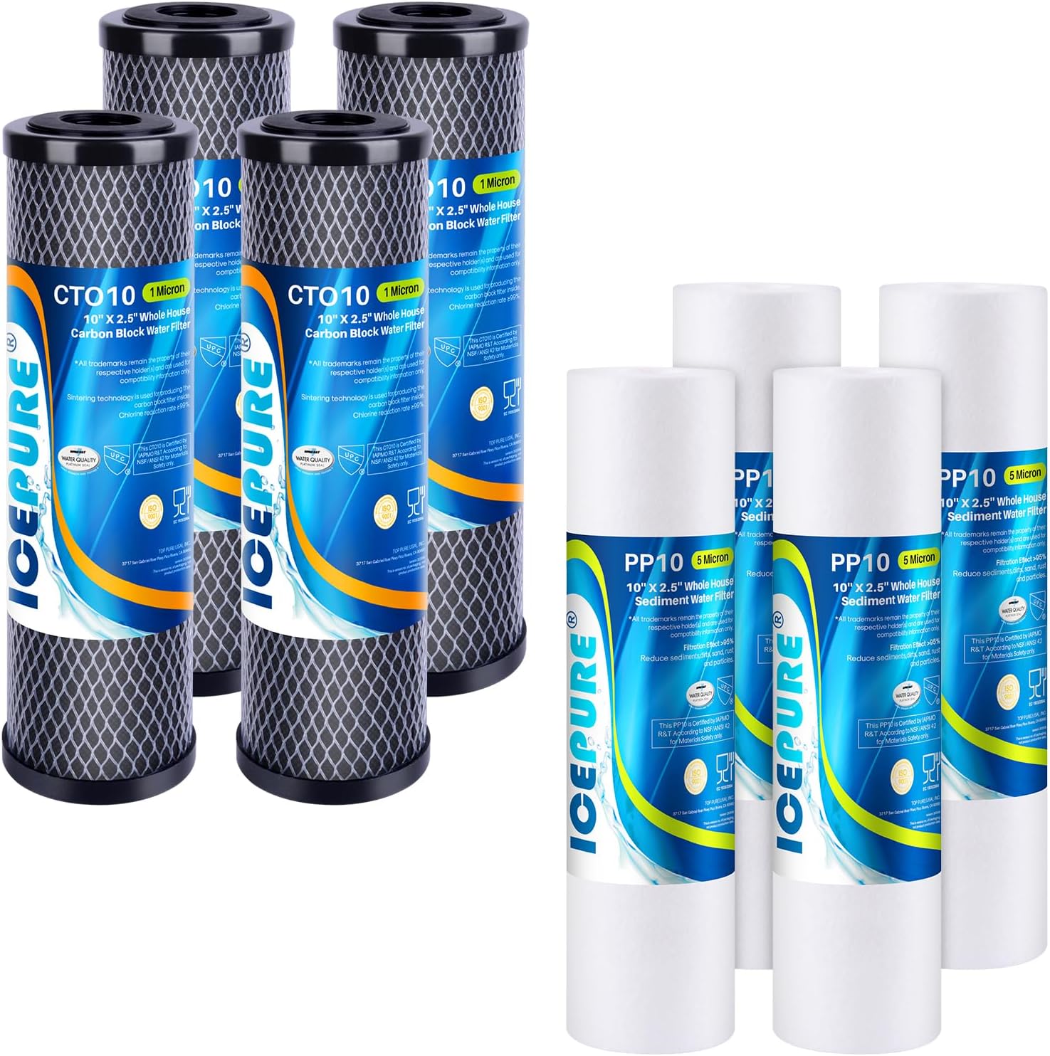 ICEPURE 1 Micron 2.5" x 10" Whole House CTO Carbon Sediment Water Filter 4PACK and 10"X2.5" 5 Microns Whole House Sediment RO System Water Filter 4PACK