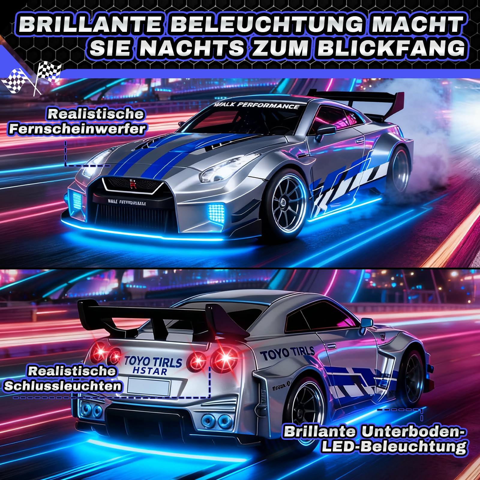 YOOHBERRYS Mini RC Drift Car Pro, 1:43 Frngesteuert Drift Auto, 4WD Tabletop Drift RC Car, Ferngesteuertes Auto mit Gyro, 15 km/h, Spielzeugauto für Kinder ab 14 Jahre (Grau)