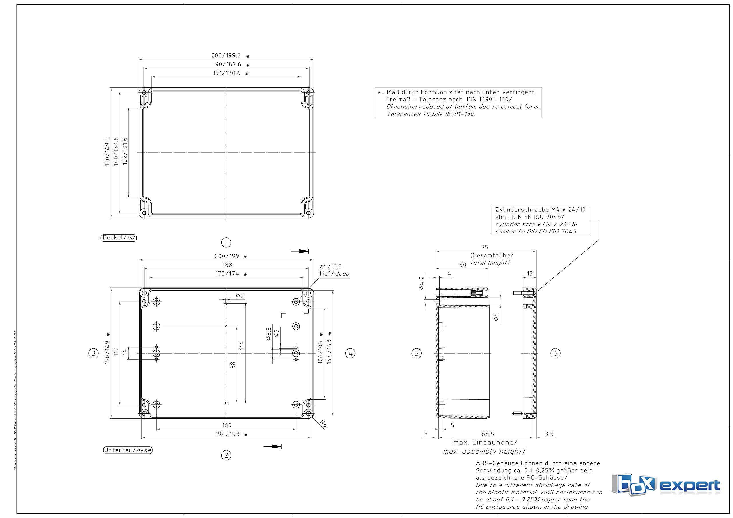 BOXEXPERT Caja de plástico Serie Elbe 200x150x75mm IP 65 gris RAL7015 Caja de distribución
