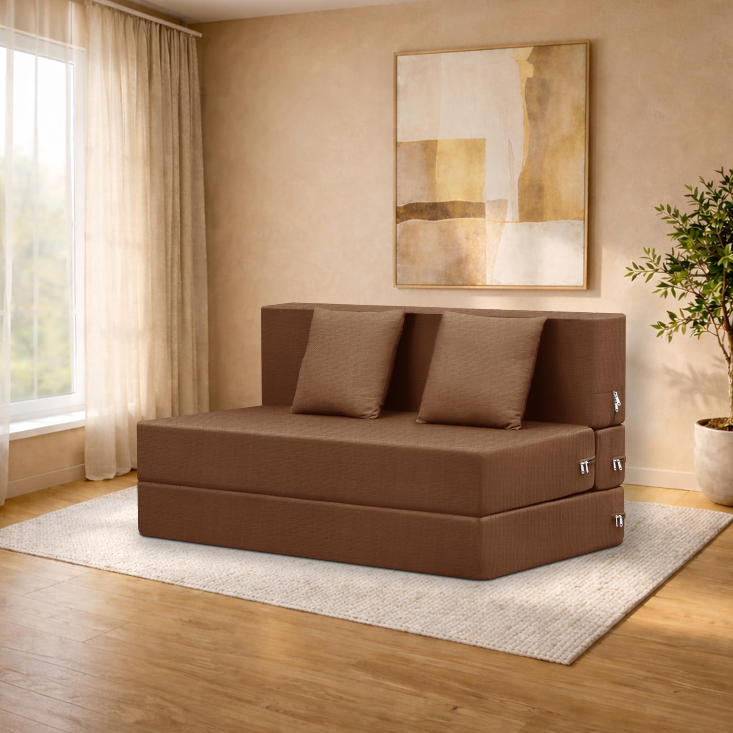 Two-Seater Sofa Cum Bed Foldable Sofa Cum Bed Washable & Zipper |Jute Finish Fabric - Brown | 4' X 6' Feet-image-4