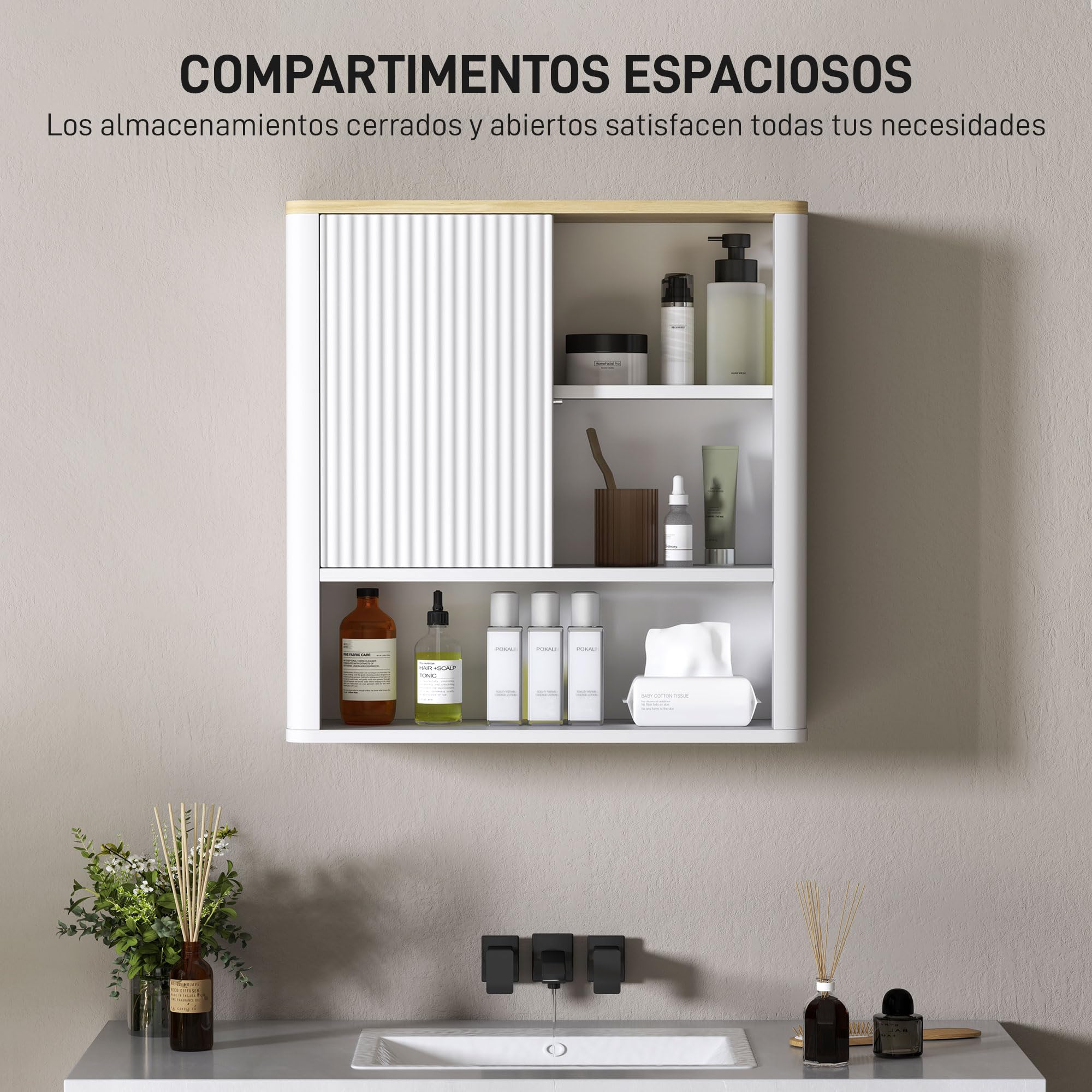 HOMCOM Armario de Baño de Pared Mueble de Baño Colgar con Estantes Ajustables Puerta Corredera Compartimentos y Diseño con Perfil Curvo 60x20x62 cm Blanco