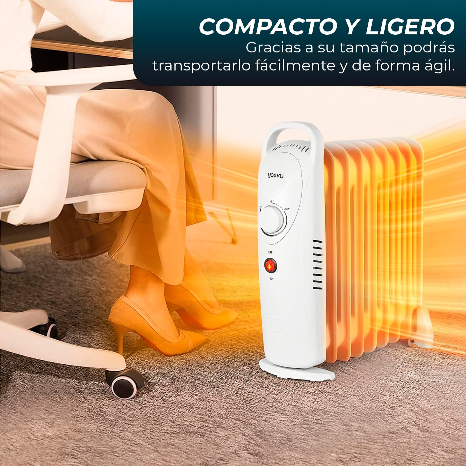 YOEVU | Radiador de aceite | 1000W, 9 elementos, blanco, 42x13x42cm | Protección contra sobrecalentamiento, diseño compacto, eficiencia energética | Calefacción portátil