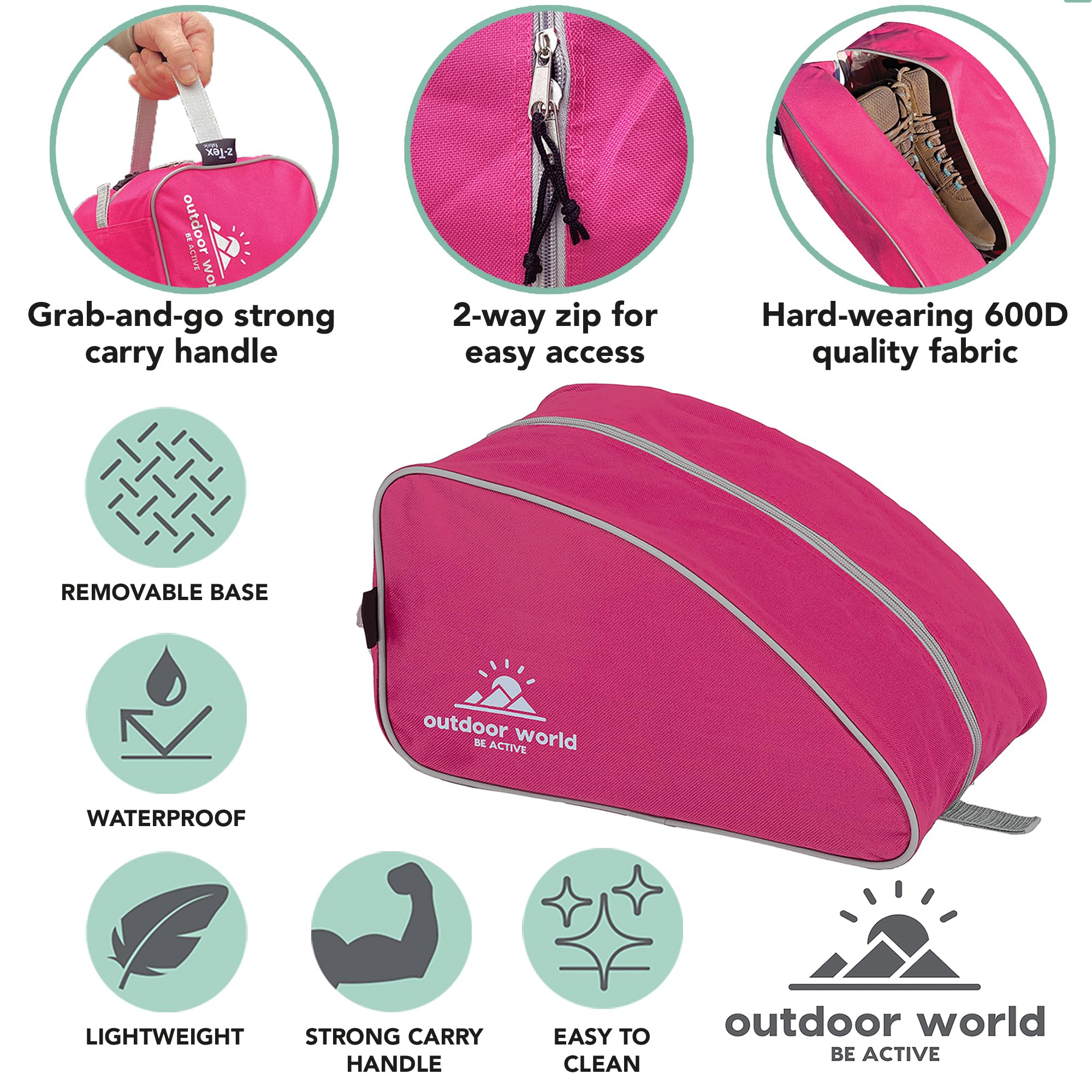 Outdoor World Borsa per Scarponi Premium - Ampia Apertura con Zip Resistente all'Acqua Unisex - Borsa per Scarpe da Trekking,Camminata, Calcio, Rugby, Golf Scarpe da Ginnastica - Uomo, Donna (Rosa)