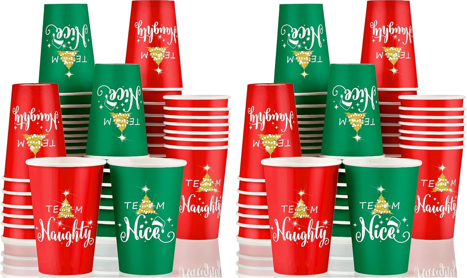 Funtery 60 Pcs 12 oz Christmas Paper Cups - Team Naughty or Nice Party Disposable Cups for Hot and Cold Beverages - Red Green Coffee Cup for Xmas Holiday Party Supplies (Pack of 2)