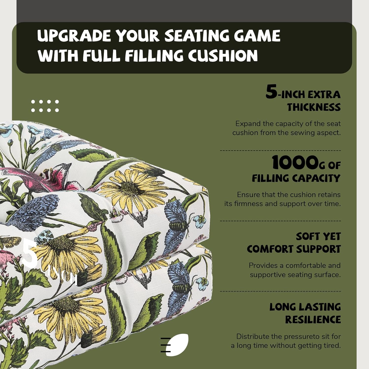 Outdoor Chair Cushions, Outdoor Cushions 19x19 inch, Patio Chair Cushions Seat Pads, Indoor Full-Length Ties for Non-Slip Support, Plump Filling, Premium Thick Fiber, Set of 2, Butterfly
