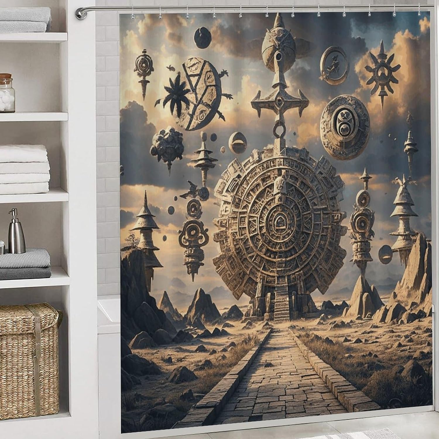 4Pcs Mayan Calendar End of The World Bathroom Sets Decor with Non-Slip Rugs Fashion Toilet Lid Cover Exquisite U-Shaped Mat Modern Shower Curtain with 12 Hooks Bathroom Decor Accessories image 5