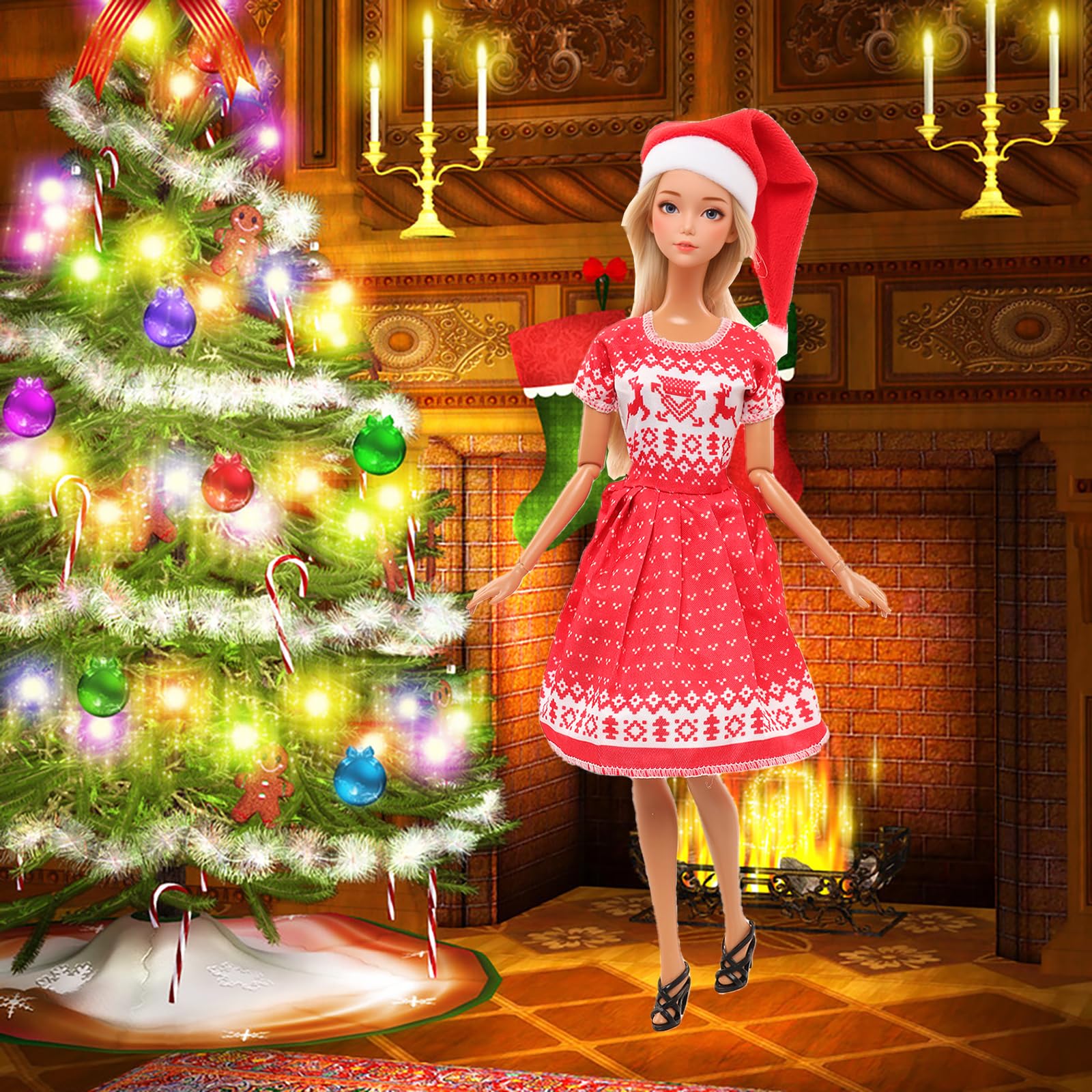 5 piezas de 11.5 pulgadas, vestido de Navidad para niña, incluye sombreros para decoración de casa y muñeca para Navidad, vestido rojo y verde para trajes de muñeca de 11.5 pulgadas 8