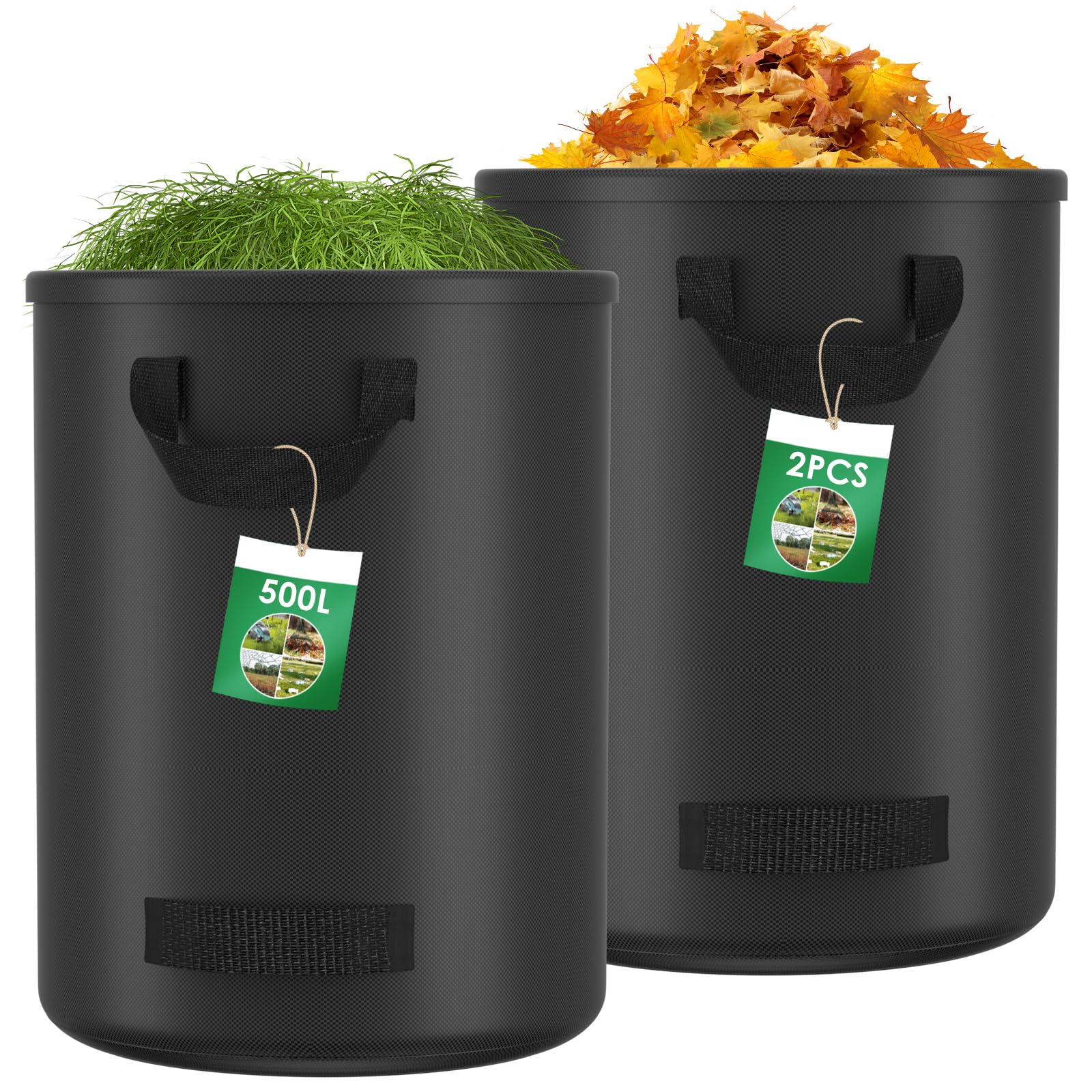 2X 500L Sacchi Giardinaggio, Sacchi per Rifiuti da Giardino con 4 Maniglie, Autoportante, Impermeabile, Sacco Raccogli Foglie Durevole Resistente alla Corrosione, Nero