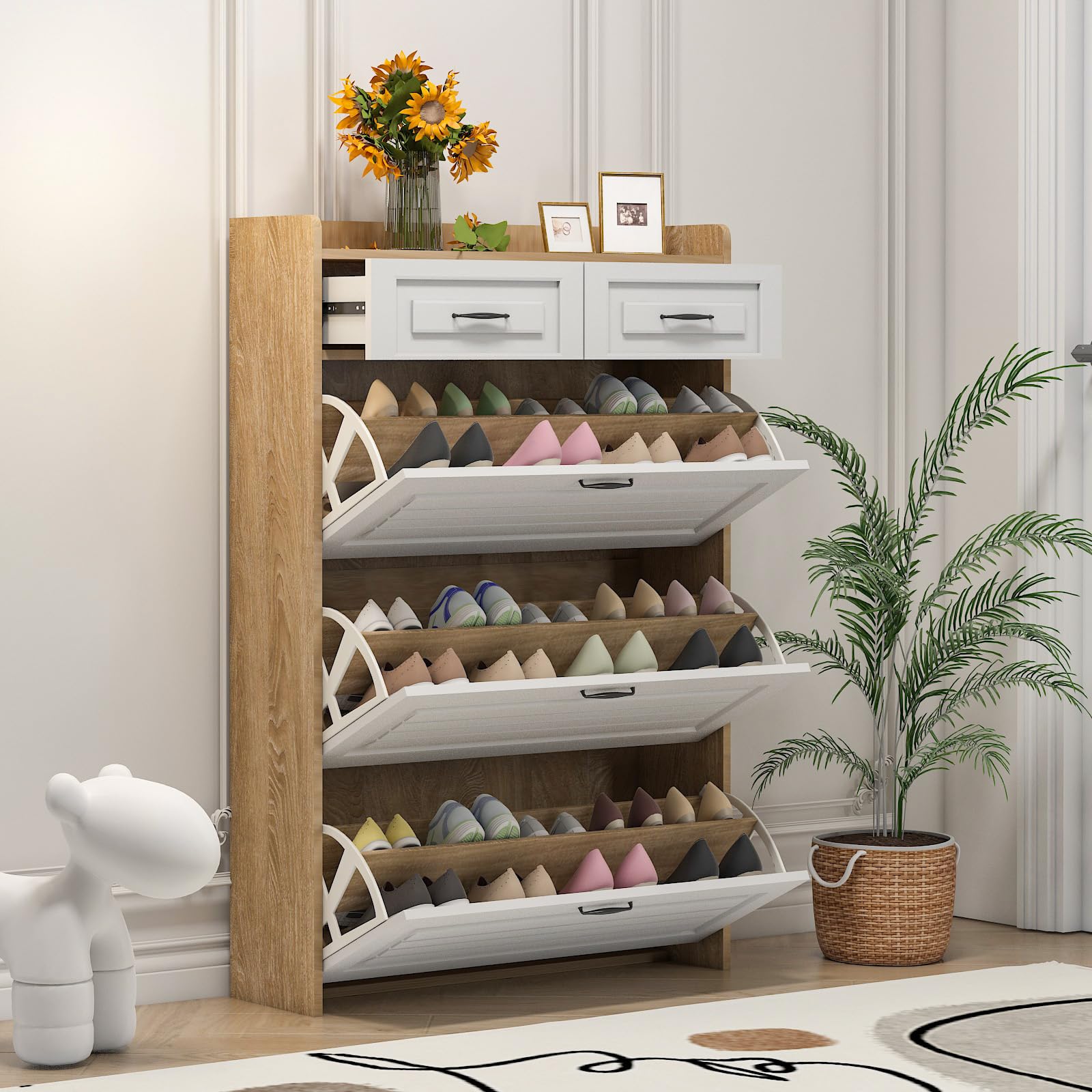 Zapatero con zapatero giratorio, compuesto por tres grandes solapas y dos cajones, zapatero de madera, zapatero, adecuado para zonas de entrada y salón. Dimensiones: 80 x 23,5 x 125 cm