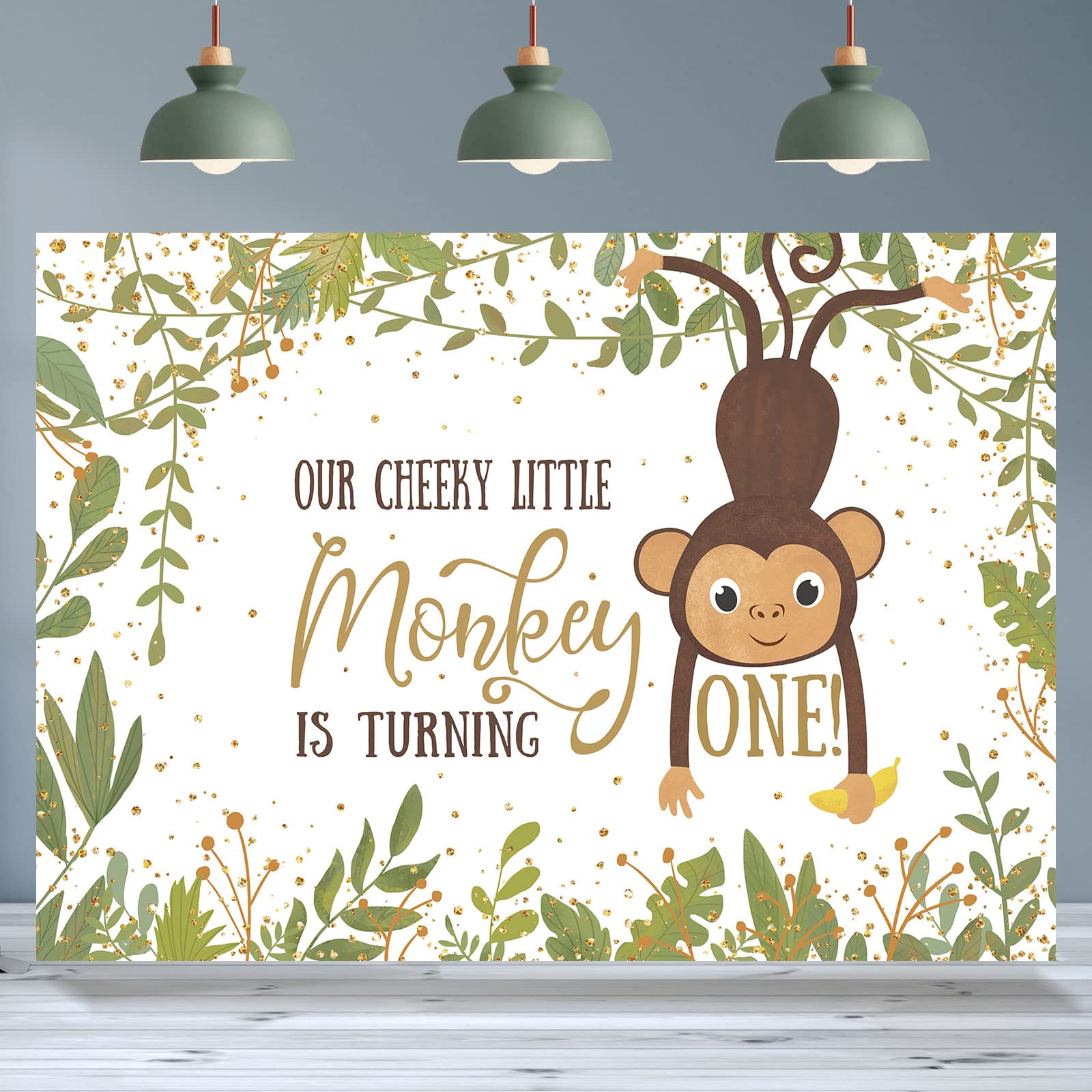 Rsuuinu Monkey 1st Birthday Party Backdrop Cheeky Little Monkey Green Leaves Photography Background One Years Old Birthday for Boys Kids Banner Party