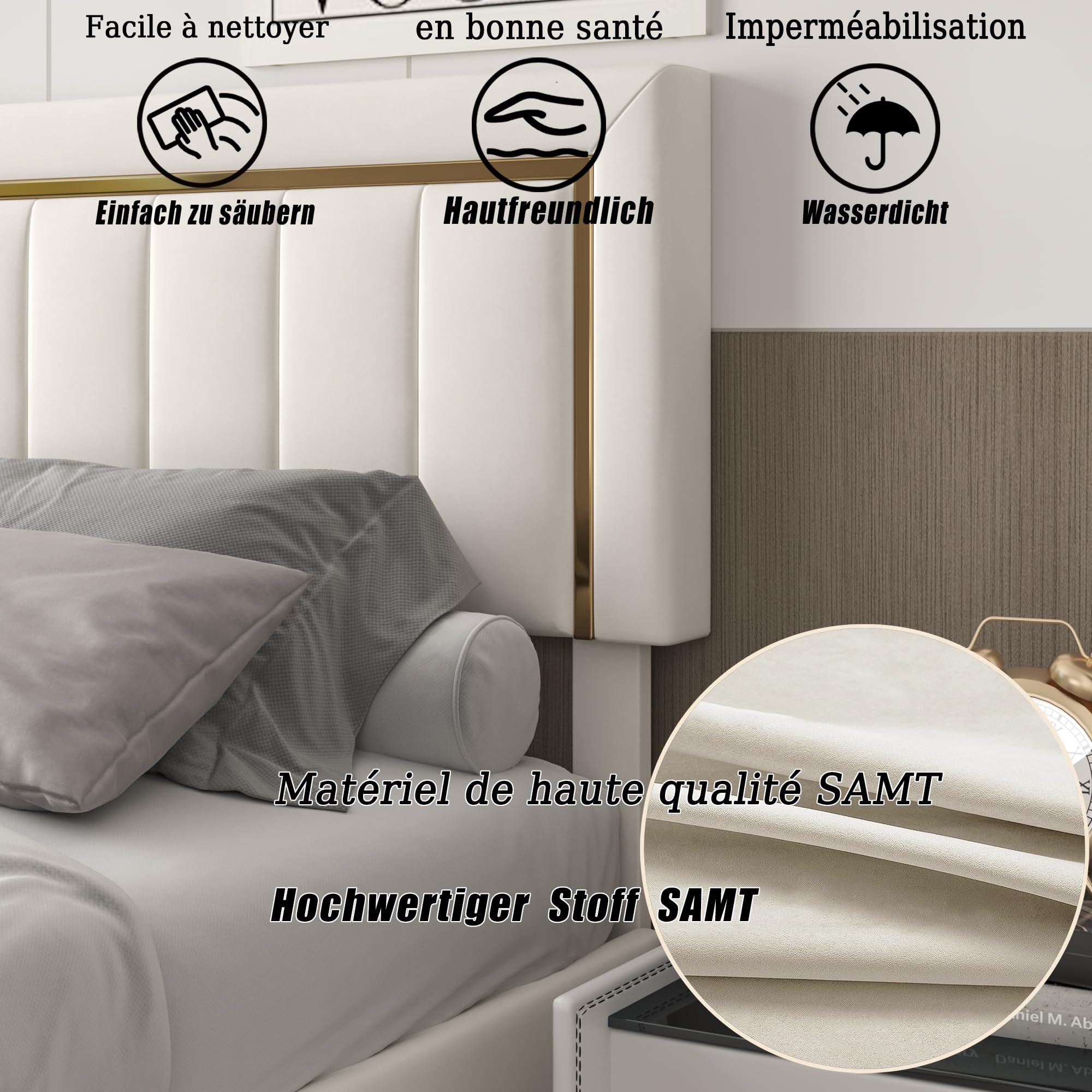 Cama tapizada de 160x200 cm, cabecero de Terciopelo Beige con Ribete Dorado, Cama de Matrimonio con canapé, Apta para Adultos y Adolescentes, colchón no Incluido