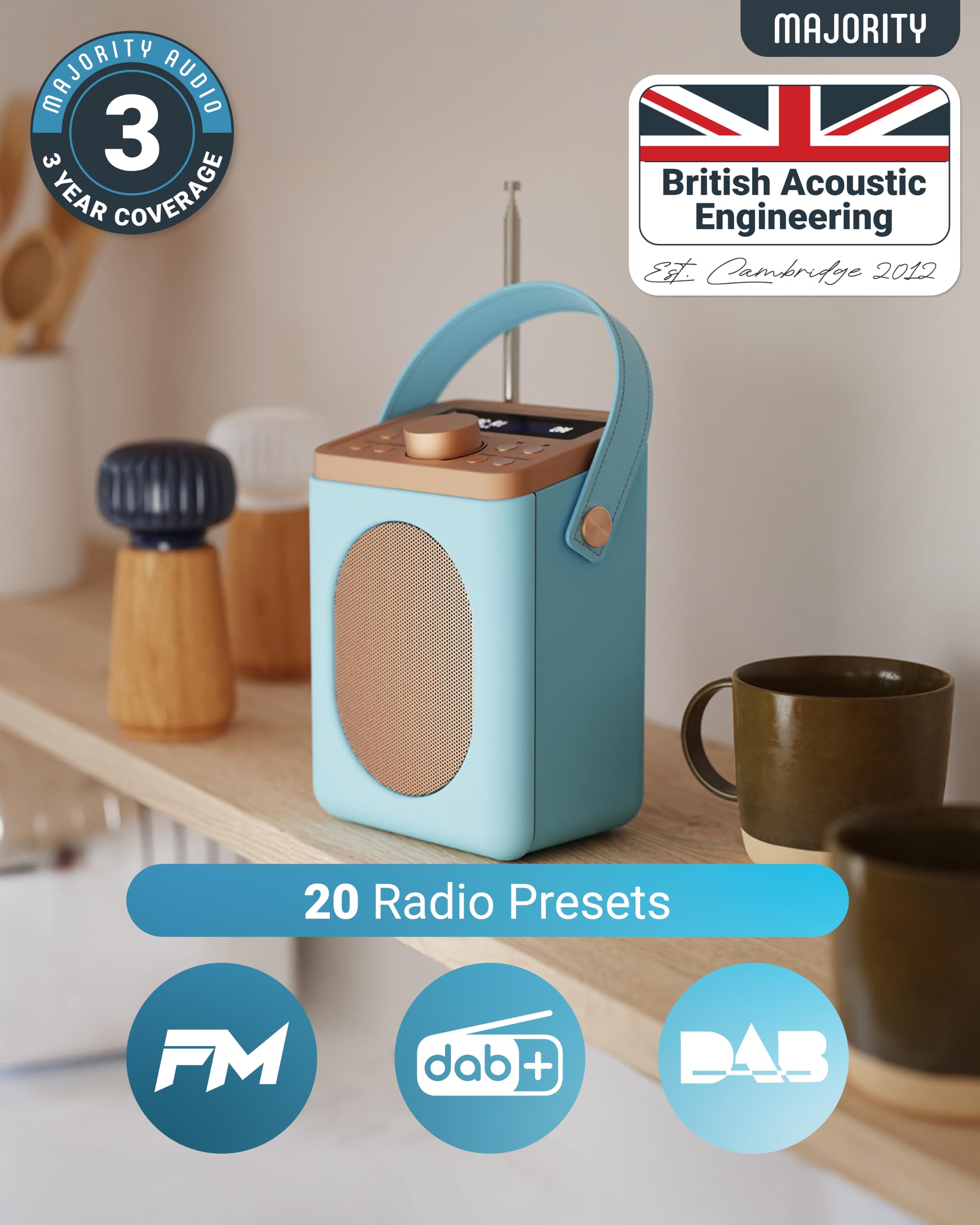MAJORITY Little Shelford DAB Plus Radio | Küchenradio UKW mit Bluetooth | Radio Batteriebetrieben mit 15 Stunden Wiedergabezeit oder Steckdosenradio | Mini Digitalradio mit Doppelalarm (Hellblau)