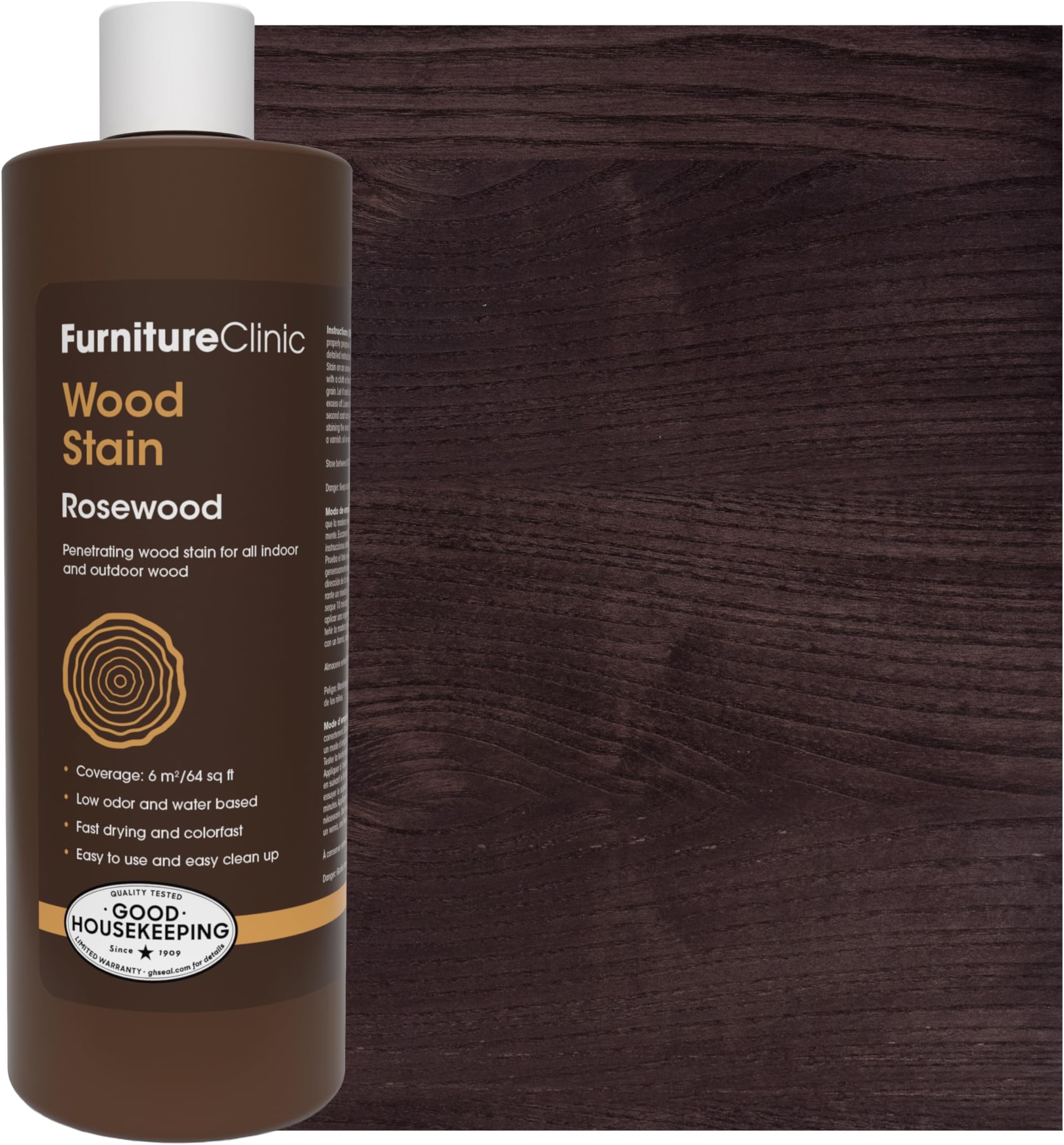 Furniture Clinic Wood Stain | Rosewood | Water Based | Fast Drying, Low Odor, & Non-Toxic | for Indoor & Outdoor Furniture and More | Multiple Finishes | (17oz / 500ml)