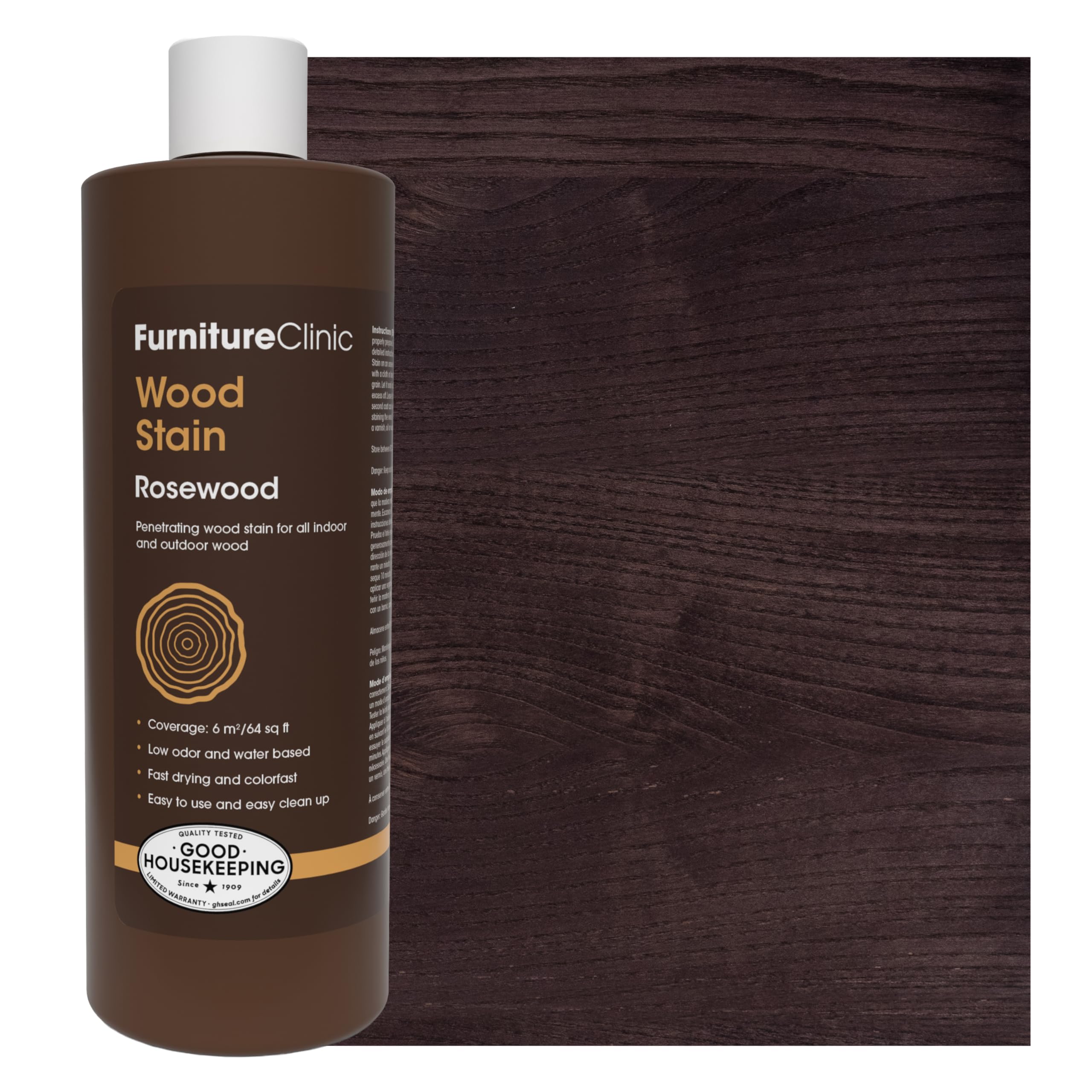 Furniture Clinic Wood Stain | Rosewood | Water Based | Fast Drying, Low Odor, & Non-Toxic | for Indoor & Outdoor Furniture and More | Multiple Finishes | (17oz / 500ml)