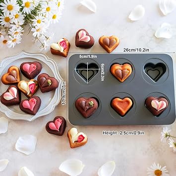 6 Cup Valentines Heart Shape Muffin Cupcake Pan Nonstick Cheesecake Brownie Cookie Cake Baking Tin Tray Mold, for Christmas Birthday Anniversary Wedding