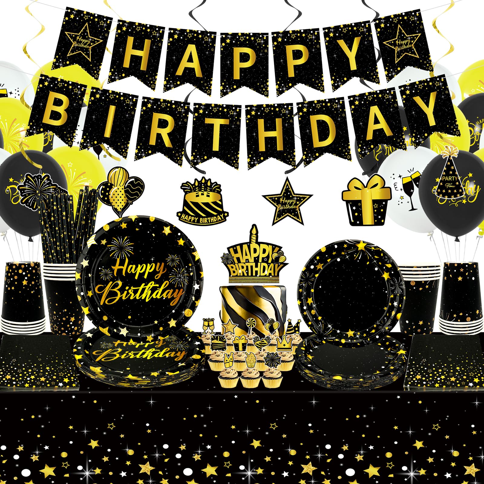 Obussgar Black Gold Birthday Party Decorations - Black and Gold Party Supplies including Banner, Plate, Cake Topper, Cup, Napkin, Balloon, Tablecloth - Serves 20 (LQ)