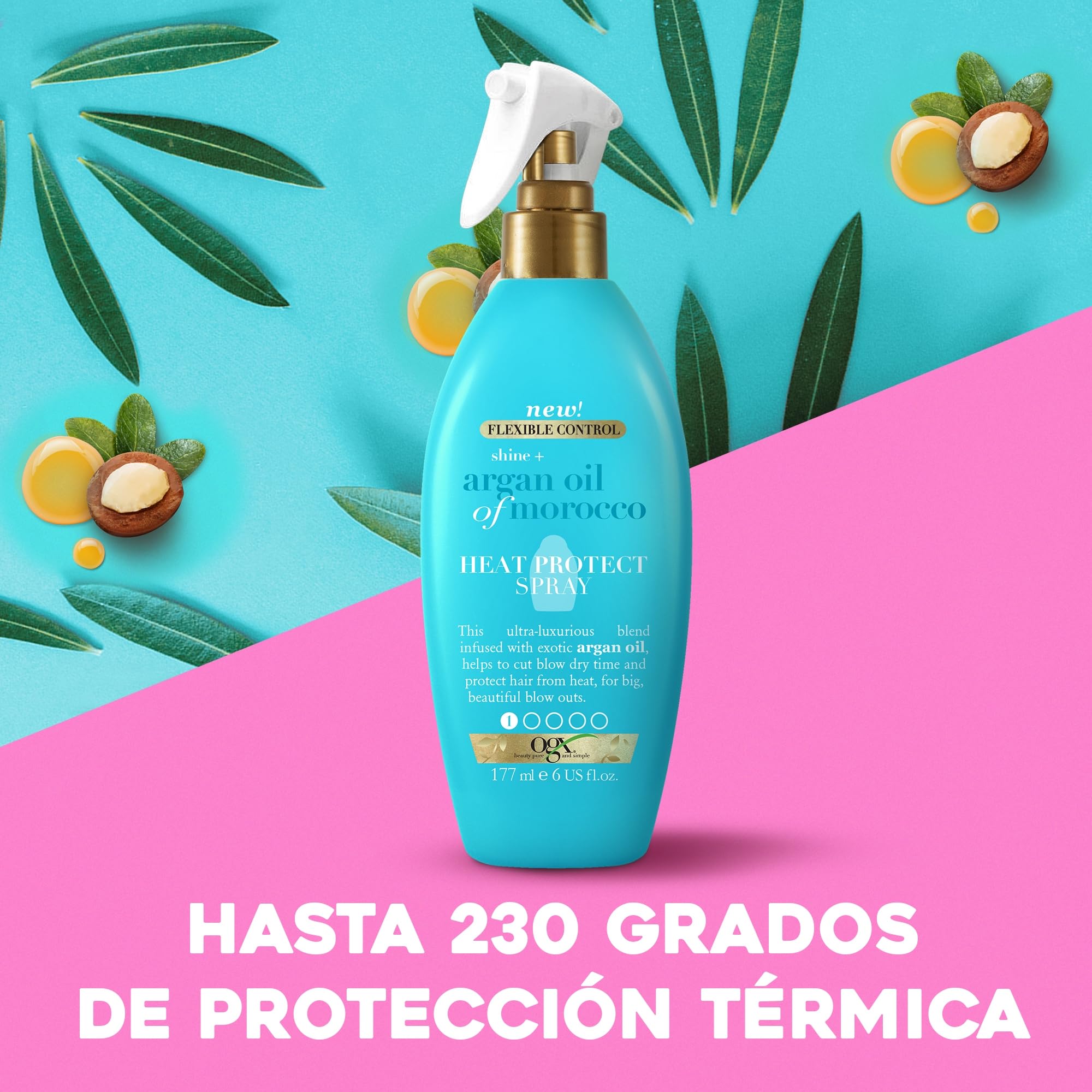 OGX Shine + Argan Oil of Morocco Spray Heat Protect 177 ml protector térmico para el pelo hasta 230 °C