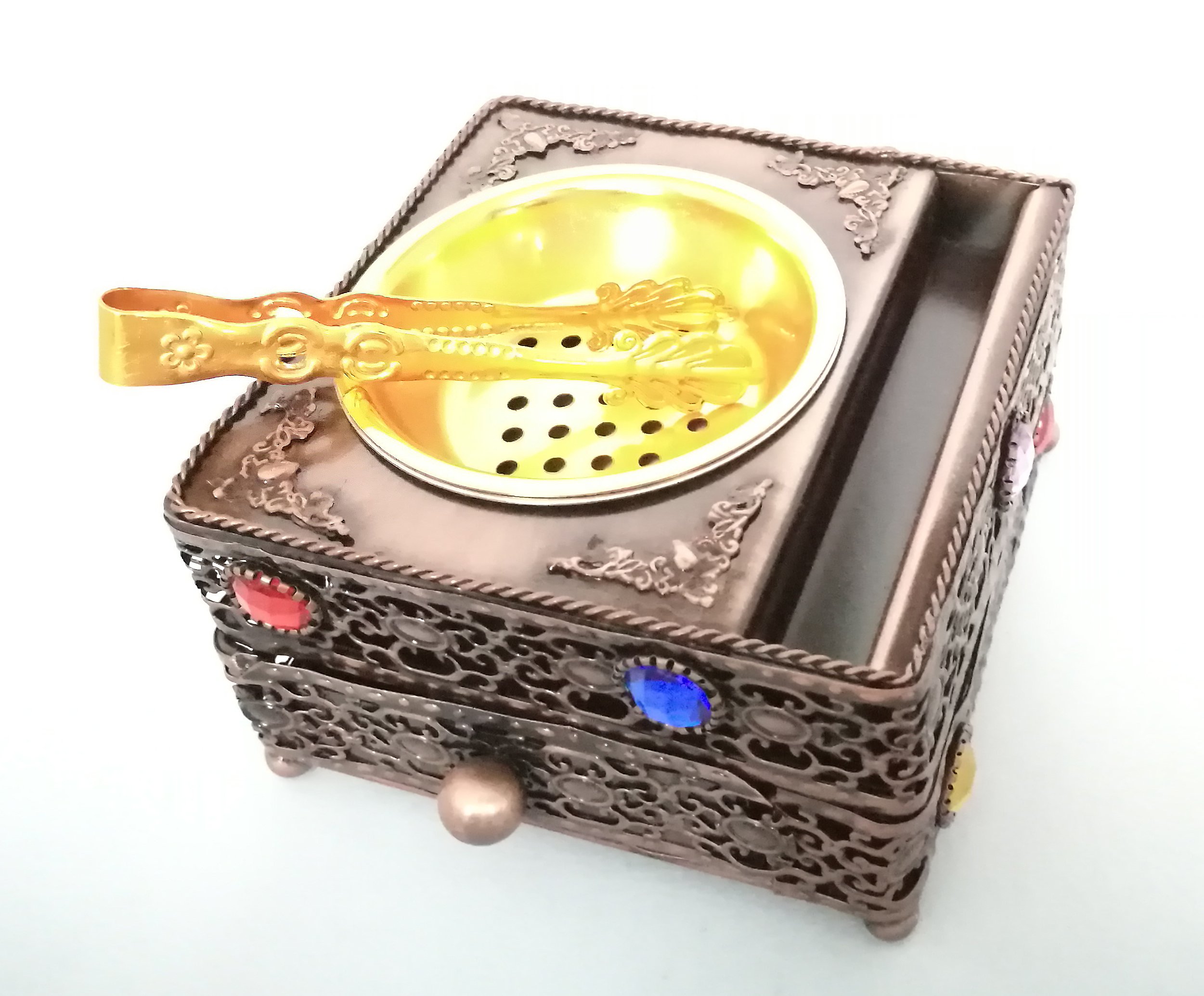 Copper Metal Trinket Incense Box Decorative Arabian Bakhoor Burner Box with Drawer and Tongs