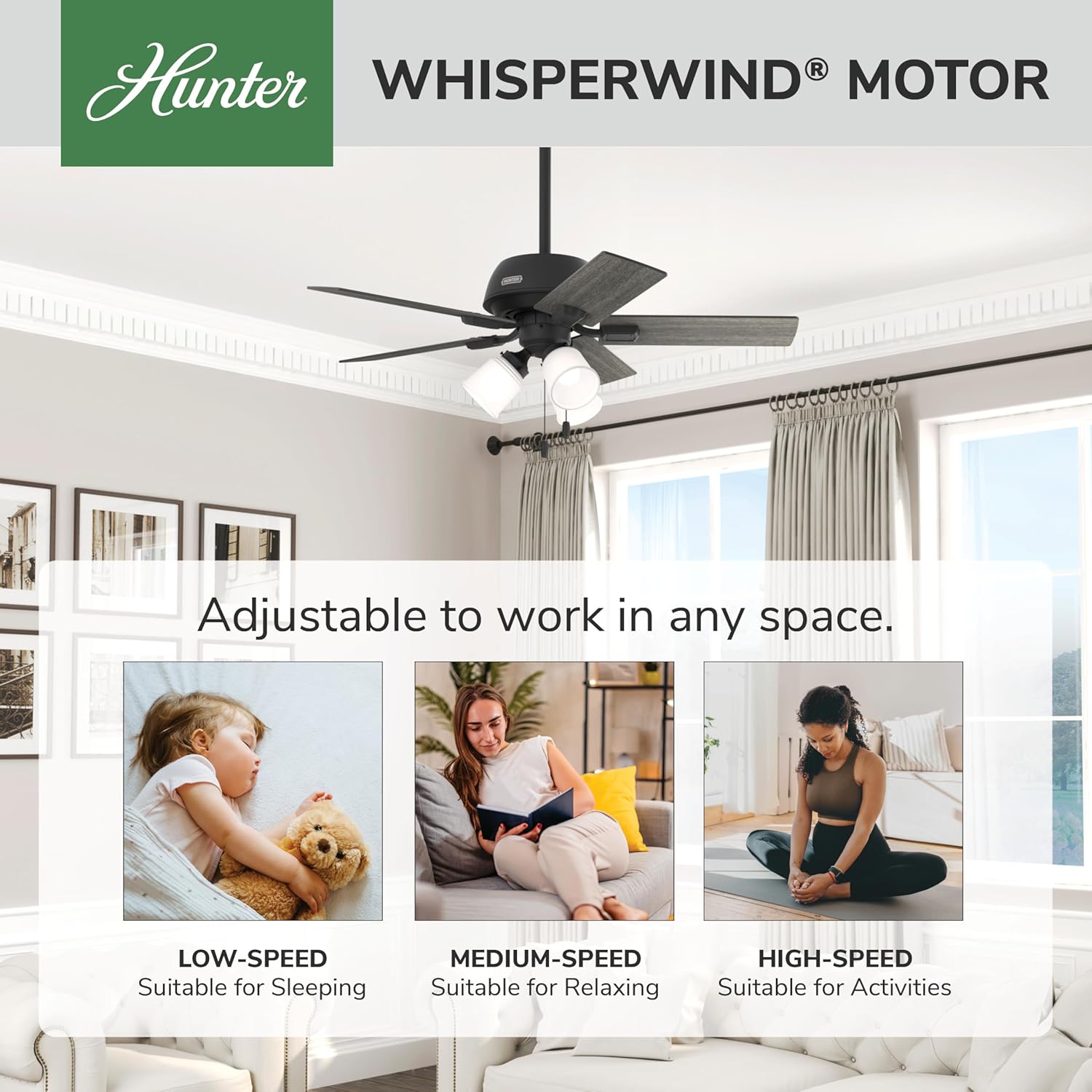 Hunter 44 inch Indoor Ceiling Fan with LED Lights - Black Ceiling Fan with Pull Chain, For Bedroom or Living Room, Standard Mount, No Remote, 5 Blades, Includes Bulbs - Crystal Peak 52351, Matte Black