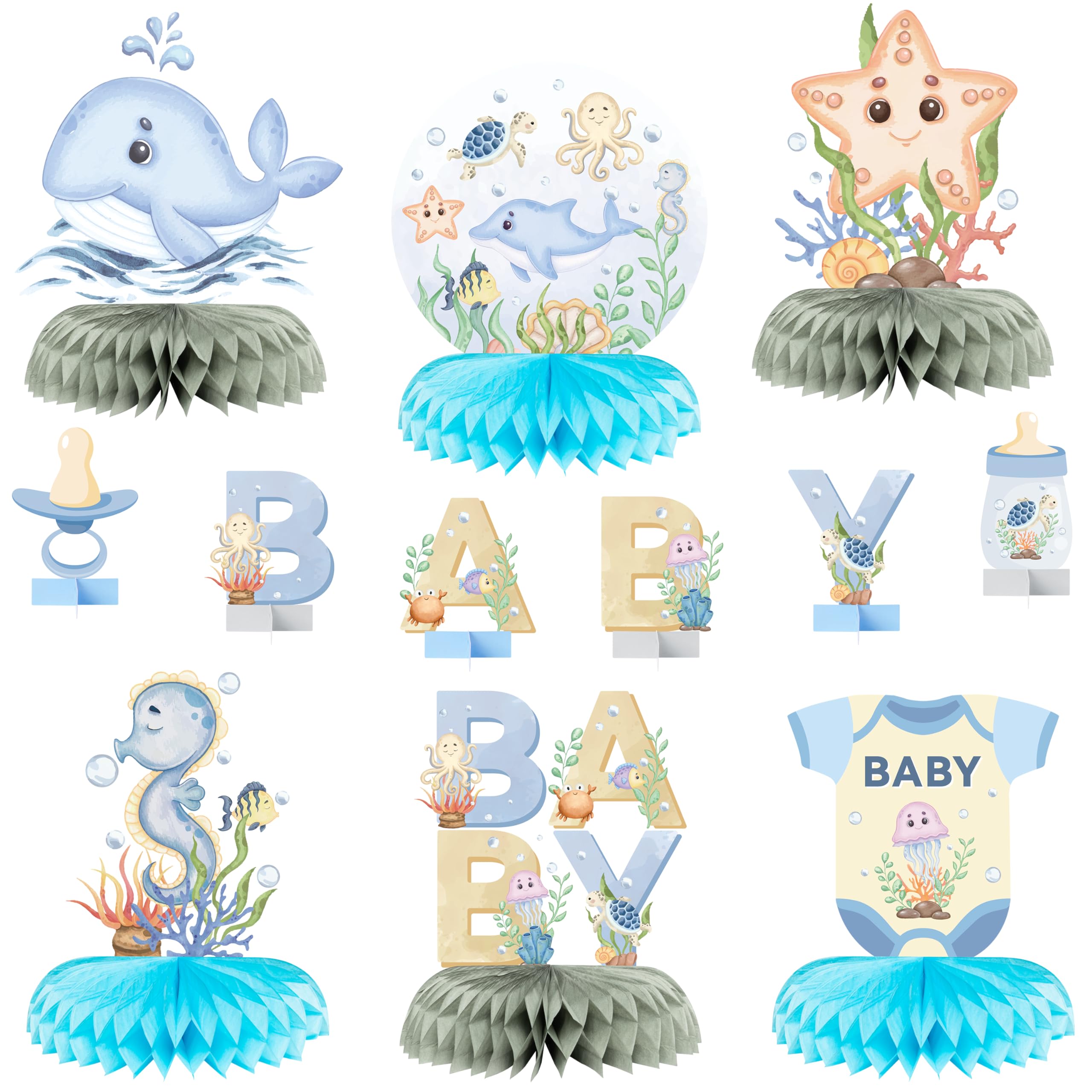 ANGOLIO Under The Sea Baby Honeycomb Centerpieces - 12Pcs Ocean Sea Animal Honeycomb Centerpieces Sea Animals Table Centerpieces for Sea Theme Baby