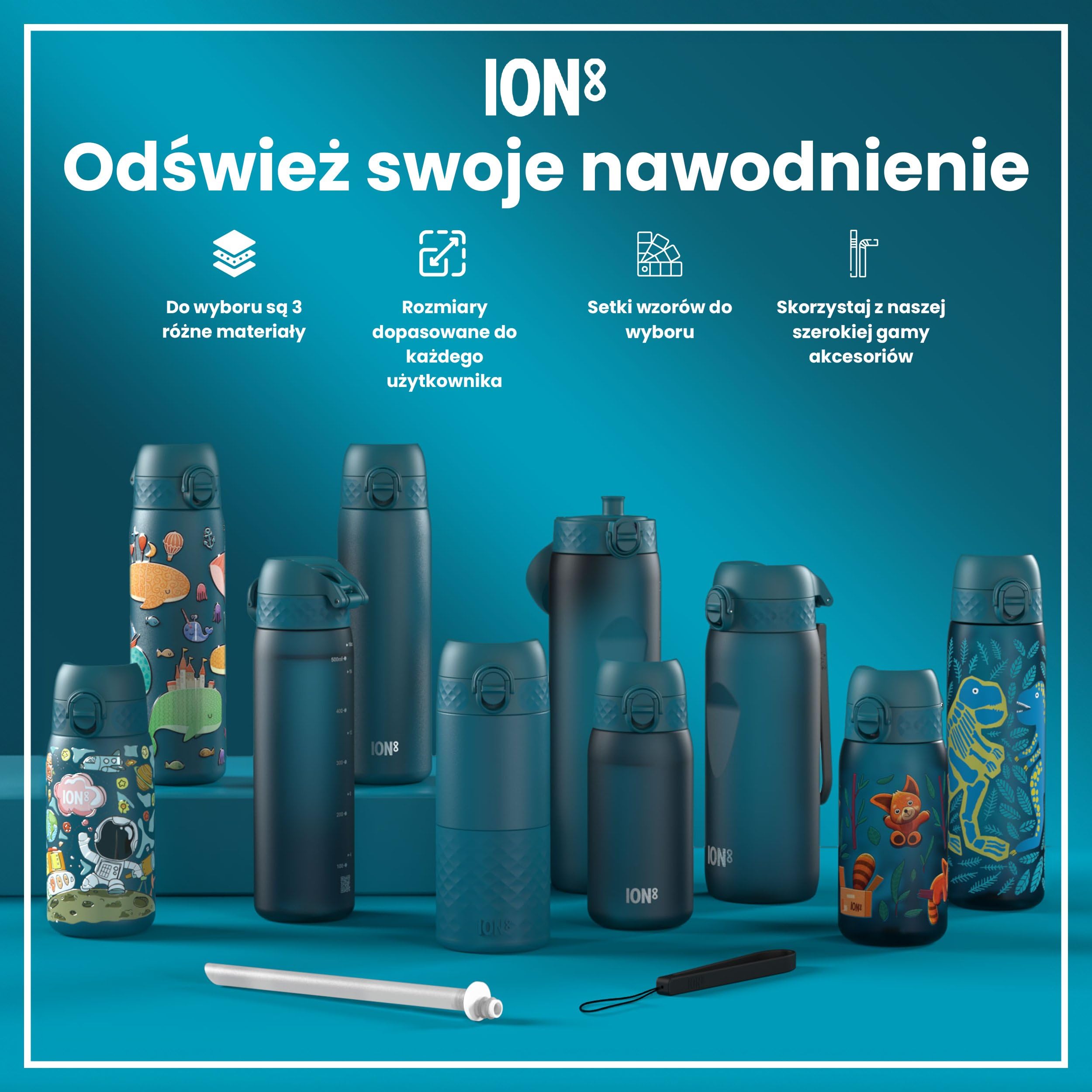ION8 Butelka na Wodę ze Lekki Stali, 600 ml/20 oz, Nieocieplany, Szczelna, Łatwe Otwieranie, Bezpieczny Zamek, Można Myć w Zmywarce, Higieniczne Pokrycie, Składany Uchwyt, Wieloryby