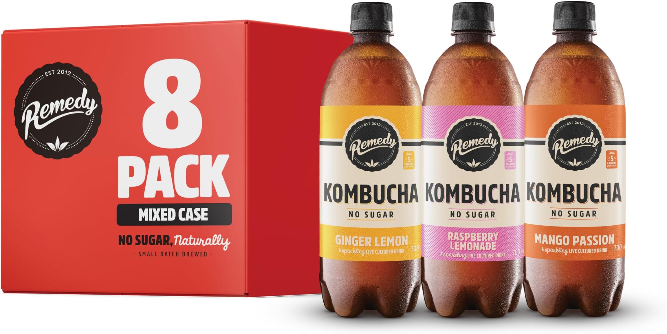Remedy Kombucha Tea - Mixed Pack - 4 Mango Passion, 2 Ginger Lemon, 2 x Raspberry Lemonade - Sparkling Live Cultured, Naturally Sugar Free Soft Drink - Probiotic for Gut Health - 8 x 700ml