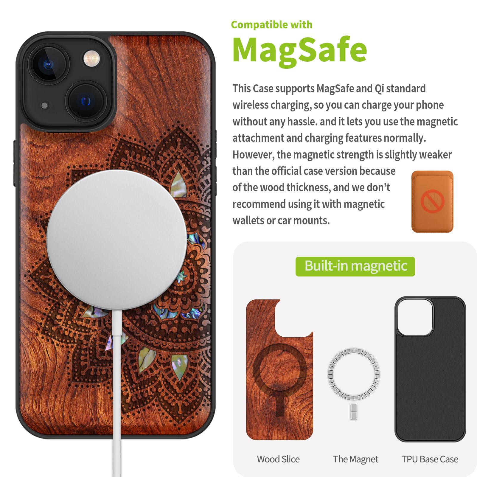 Carveit Custodia Compatibile con MagSafe per iPhone 13 Cover, Incisione in Legno e intarsio di cozze per Apple 13 Custodia Magnetico TPU Case (Rosea Legno-Arte del mandala)