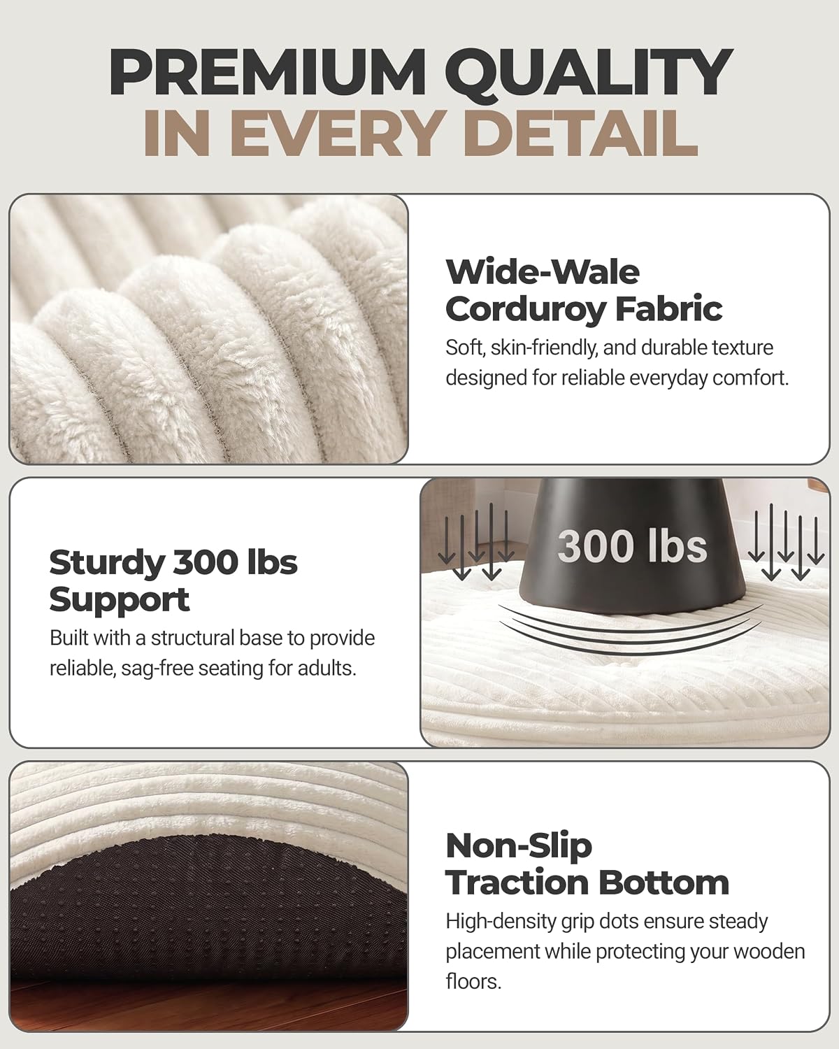 23.6in Pouf Ottoman, Corduroy Footstool Foot Rest Seating, Beige