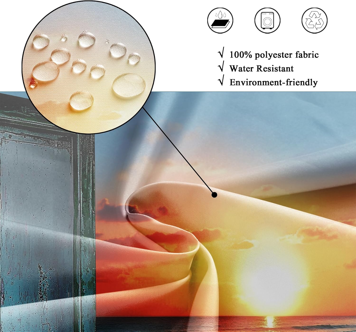 Riyidecor Teal Ocean Beach Shower Curtain for Bathroom Decor 60Wx72H Barn Door Sea Coastal Nautical Sea Wooden Rustic Sun Sunset Turquoise Art Printed Fabric Polyester Waterproof 12 Pack Plastic Hook