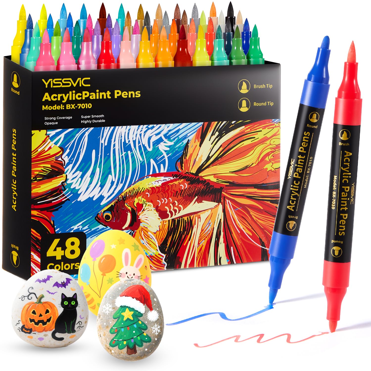 YISSVIC Acrylic Marker Pens 48 Colours Double-ended Lettering Markers (Fine and Brush) for Stones, Paper, Glass, Wood, Egg, Fabric, Ceramic for Children, Adults, Students