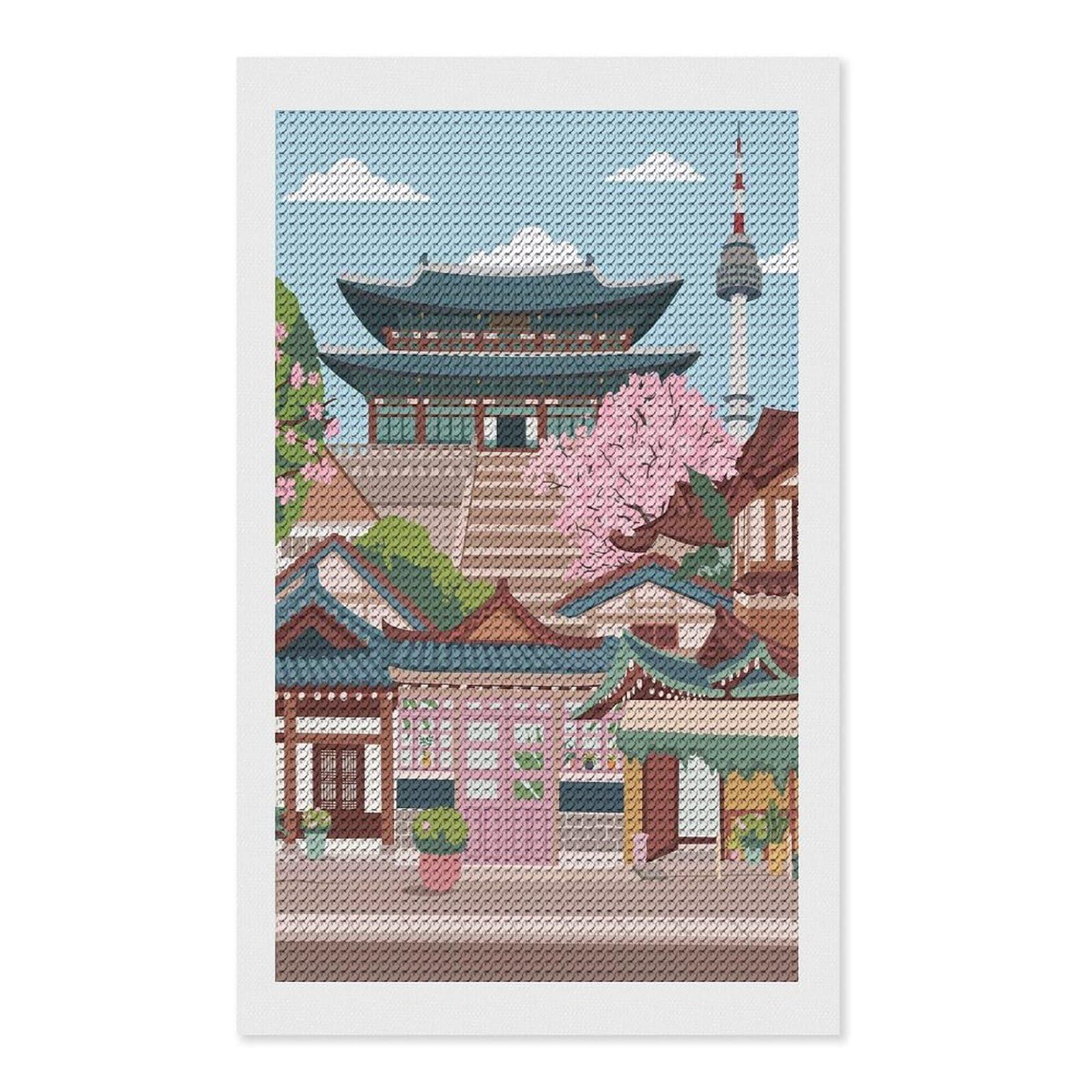 Junmoney Seoul Cityscape with Traditional Architecture Diamond Painting Kit 12"x20", Adhesive Canvas, Home Wall Decor, for Beginners, Birthday Gift, Full Kit Included