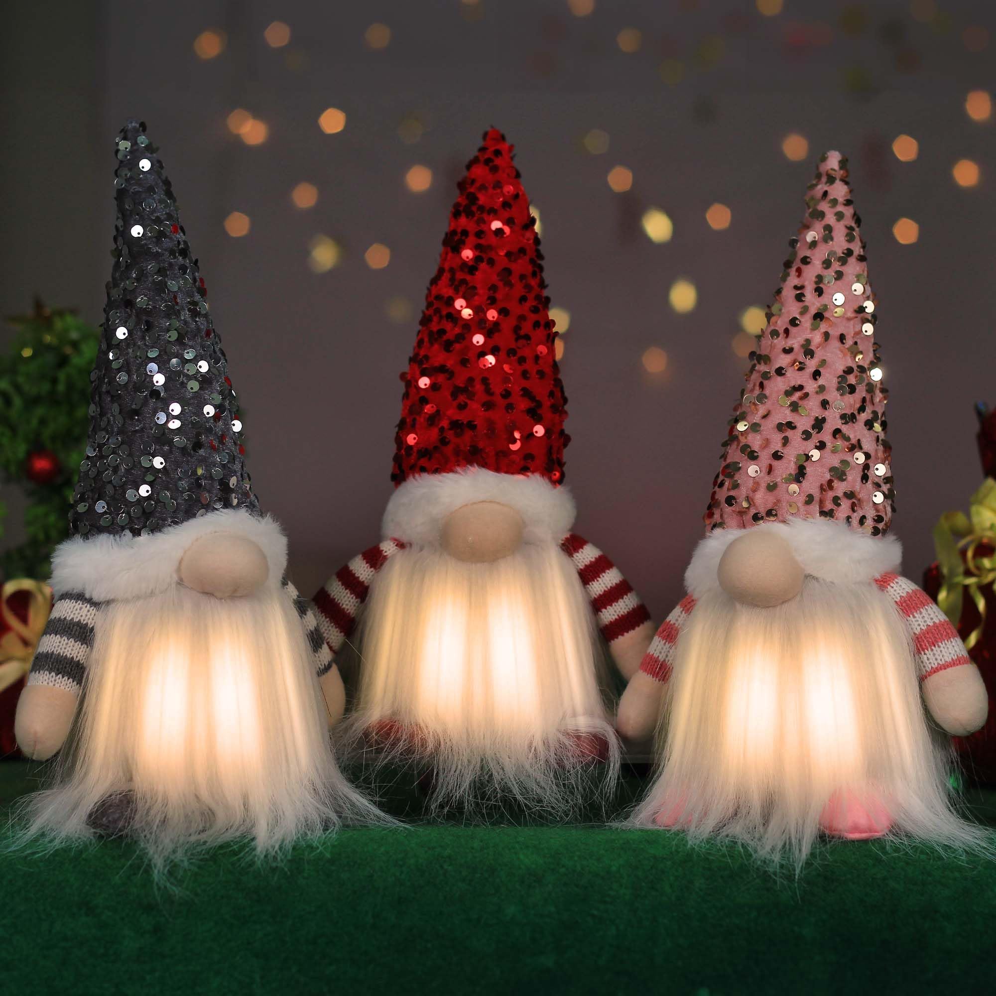 Chielor3 Pack Christmas Gnomes Plush with LED Lighting Beard, 12" Handmade Swedish Santa Gnomes Plush Sequin Hat Christmas Decor at Night Elf Doll Gnome Ornaments Christmas Decorations Home Decor