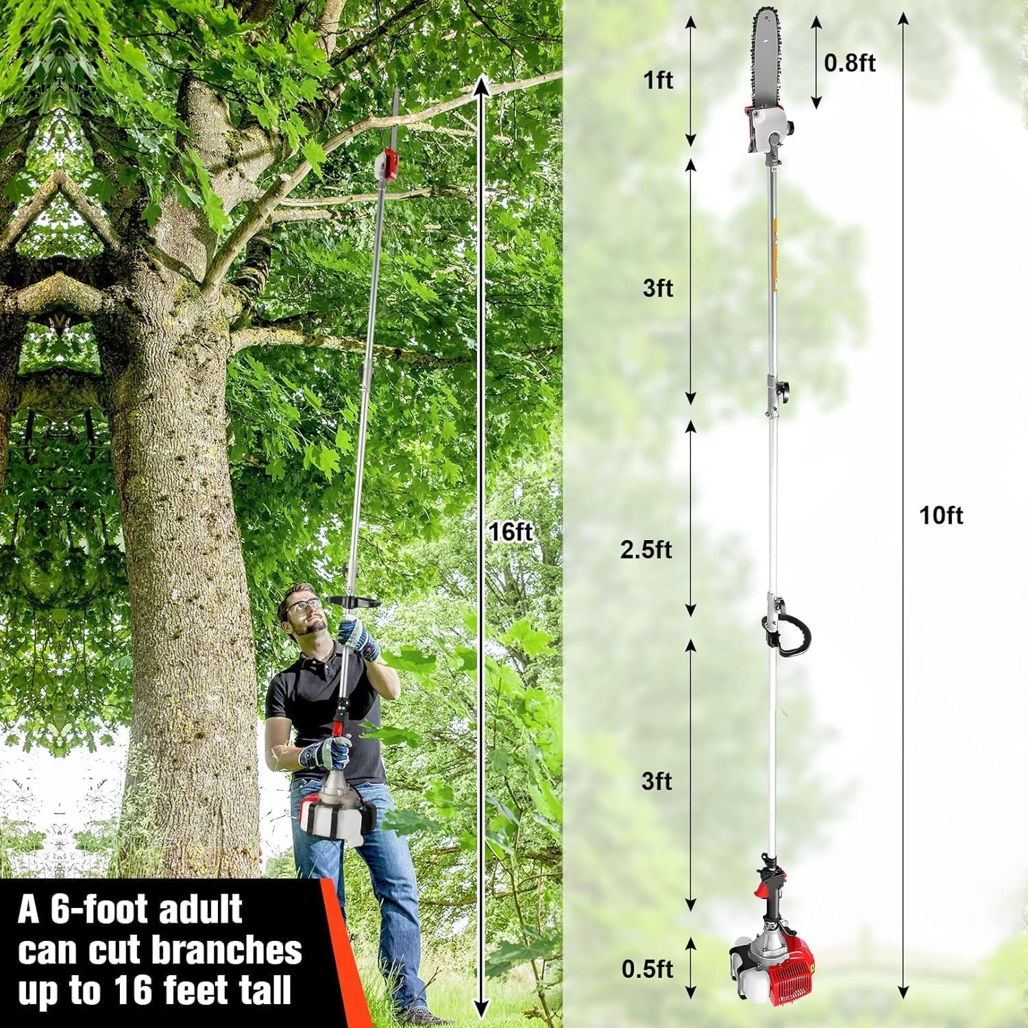 58CC Pole Saw Gas Powered, 2 Cycle Gas Powered with 11.5 Inch Pole and 16 Foot Retractable Long Pole Saw - Gas Pole Saws for Tree Trimming (Red)