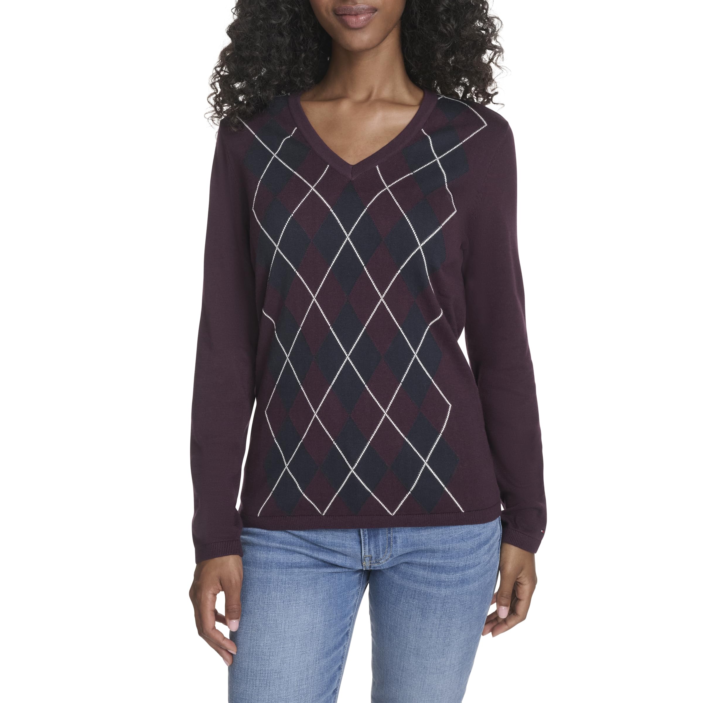 Tommy Hilfiger Damen Long Sleeve Cotton Argyle V-Neck Sweater Pullover (1er Pack)