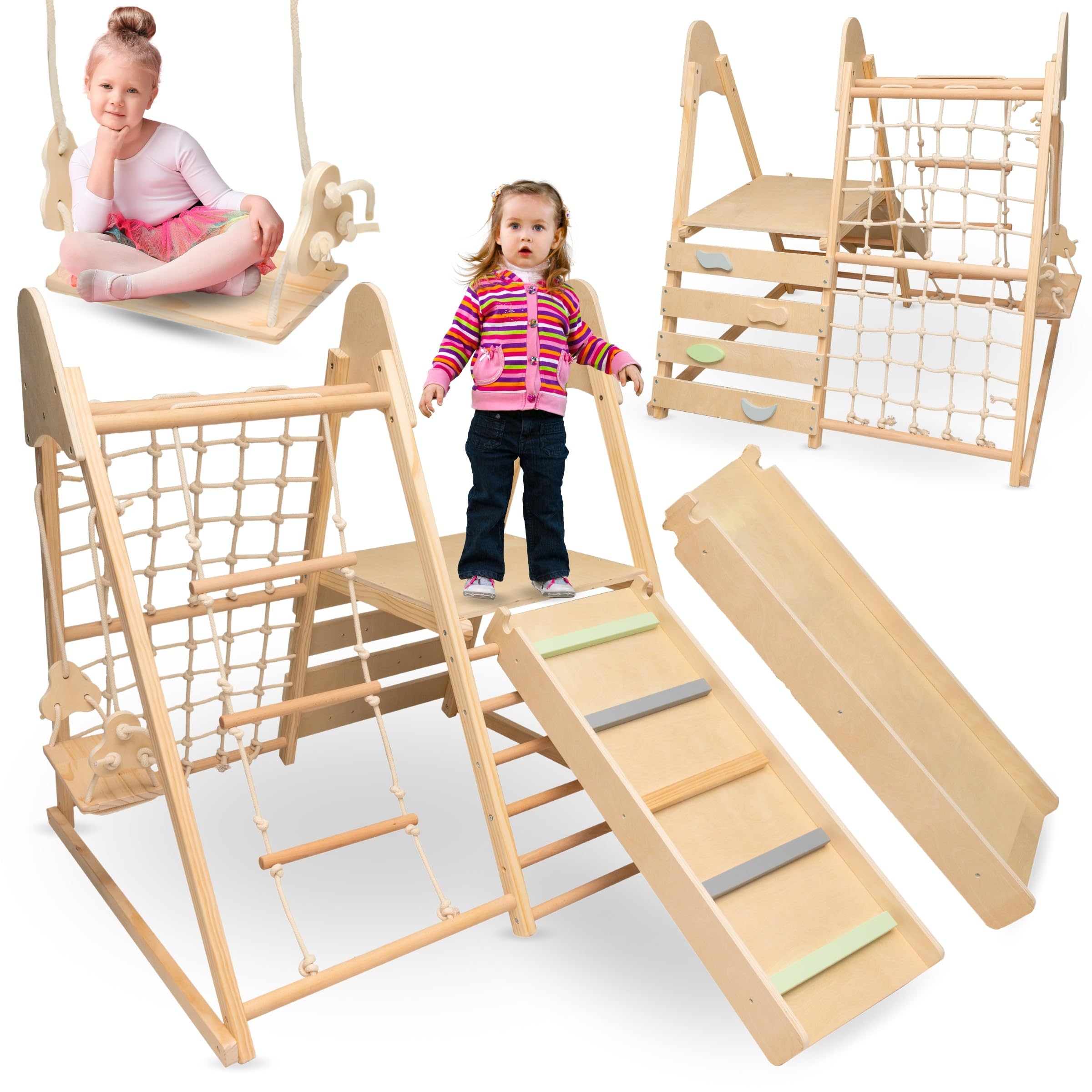 Mamabrum Parque Infantil de Madera XL 5 en 1, tobogán, Columpio, Pared de Escalada, Red y Escalera para niños pequeños, Estable, para página de Inicio Activa, Apoyo al Desarrollo del bebé