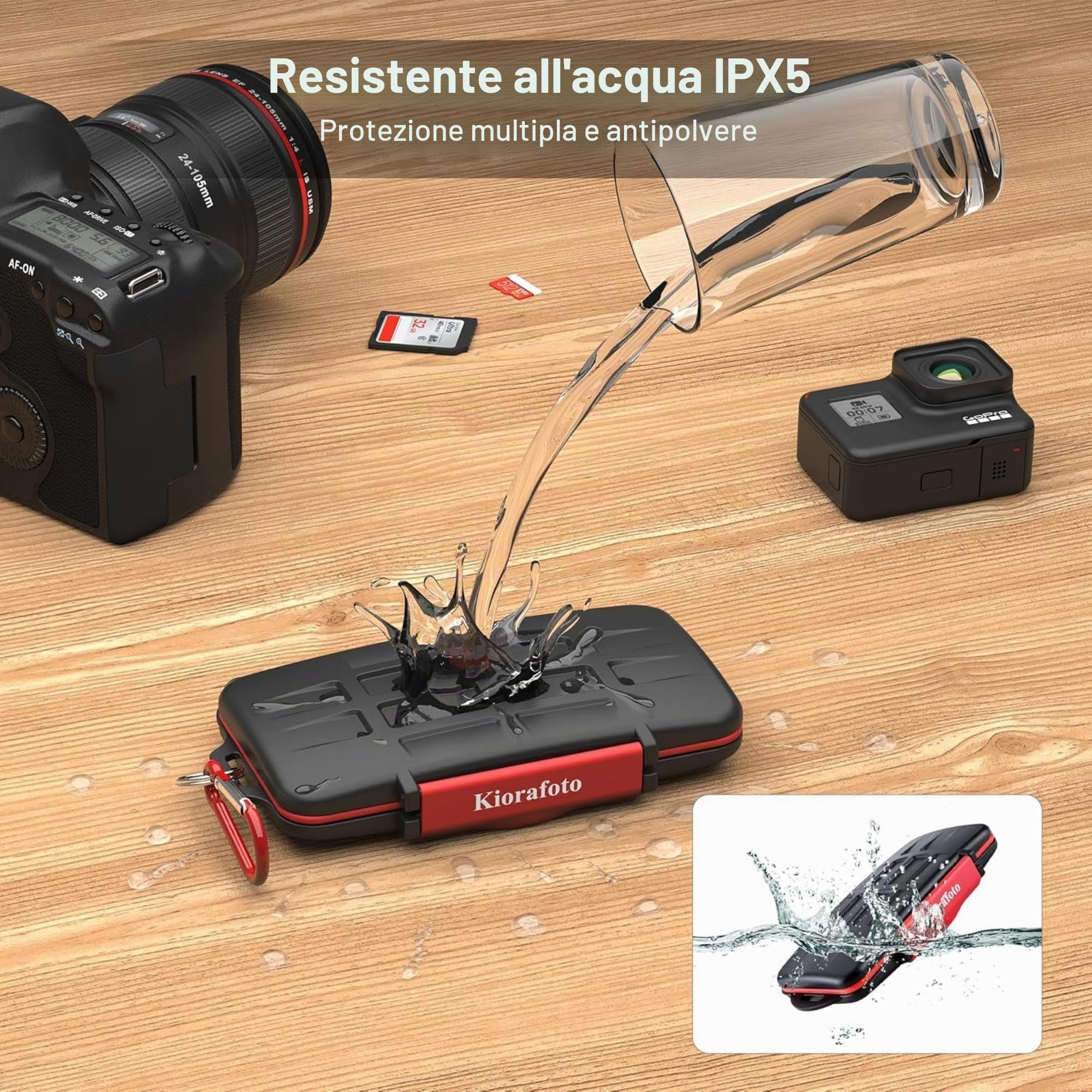 Kiorafoto Porta SD Card, 24 Slot per 12 SD SDXC SDHC Cards + 12 TF Micro SDXC SDHC Cards, IPX5 Impermeabile e Antiurto, con Moschettone, Compatta e Portatile