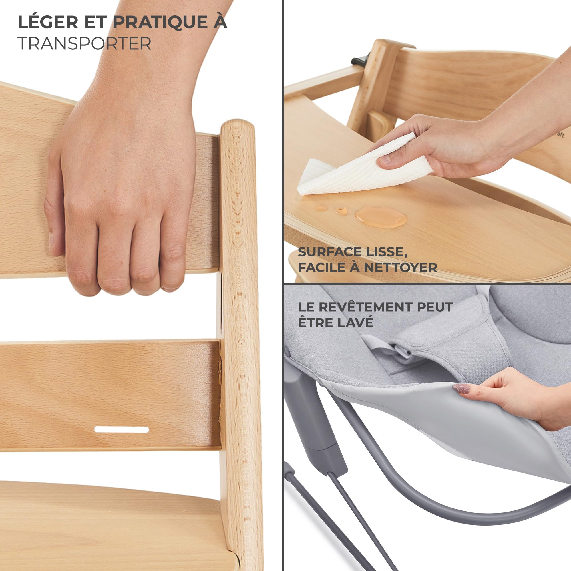 Kinderkraft ENOCK Chaise Haute Bébé + Transat CALMEE, Bois Naturel, Chaise d'alimentation Évolutive Réglable