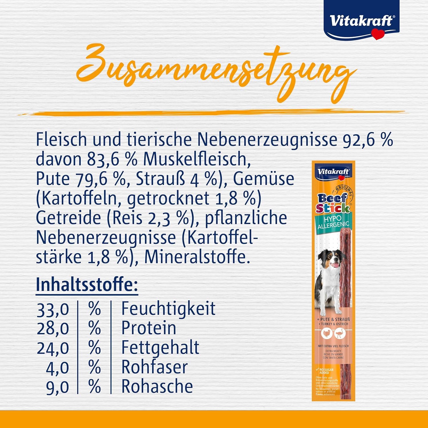 Vitakraft Beef Stick Hypoallergenic, Hundeleckerli, bei Unverträglichkeiten, mit Pute und Strauß, mit Reis und Kartoffeln, zuckerfreie Rezeptur (50x 12g)