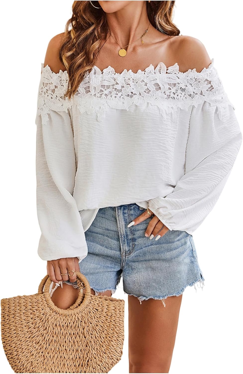 SweatyRocks Women's Off The Shoulder Lace Blouse Long Sleeve Casual Shirts Vacation Tops
