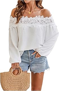 Women's Off The Shoulder Lace Blouse Long Sleeve Casual Shirts Vacation ...